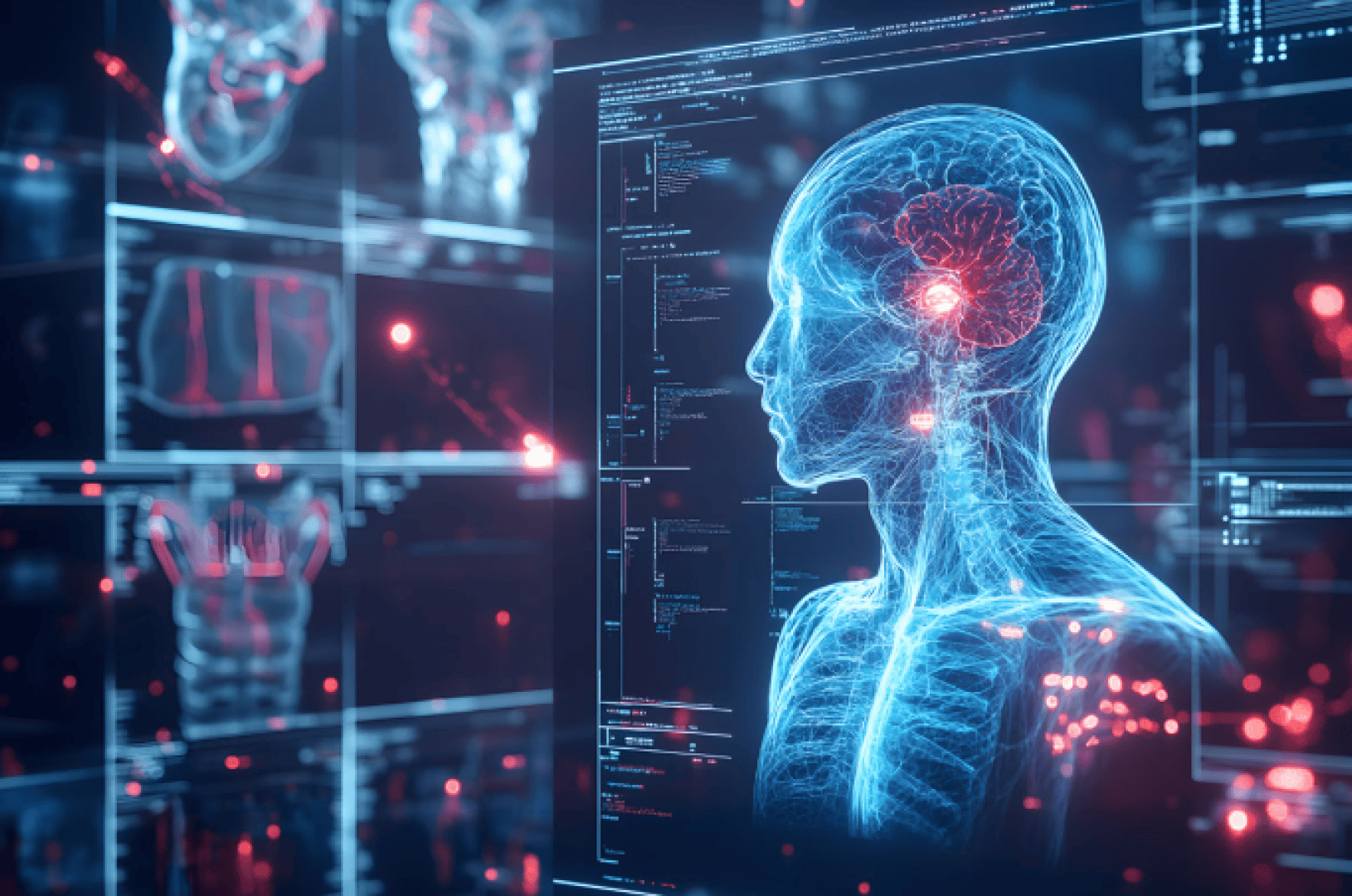 Illustration numérique d'un corps humain et d'un cerveau en bleu, entourés de données médicales, de scans et de schémas évoquant une technologie médicale de pointe ou une interface futuriste dans le domaine de la santé.