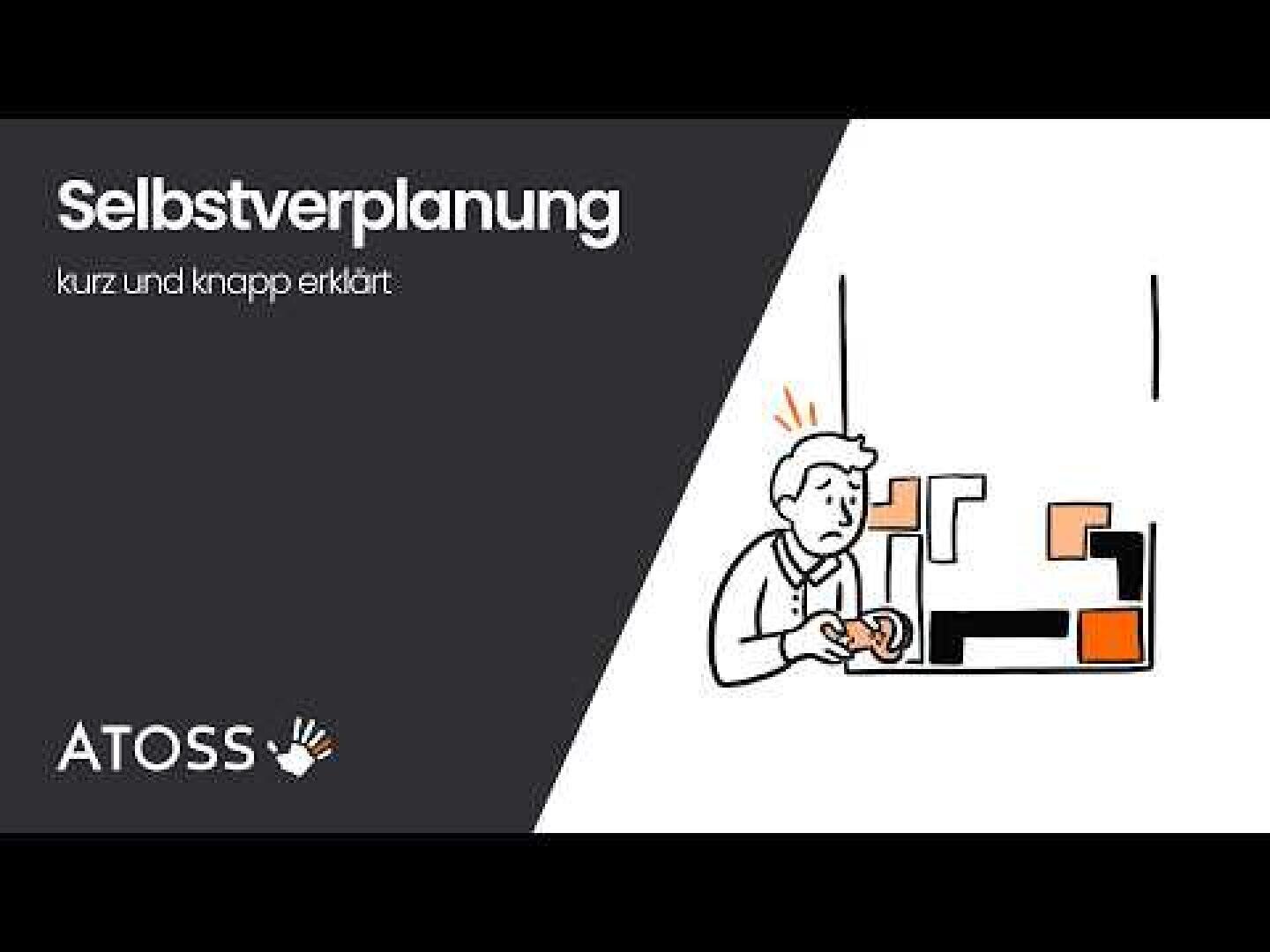 Eine Person betrachtet ein Puzzle an der Wand; der Text lautet „Selbstverplanung kurz und knapp erklärt“ und „ATOSS“ mit einem Hand-Logo. Das Design ist in Schwarz, Weiß und mit orangefarbenen Akzenten gehalten.