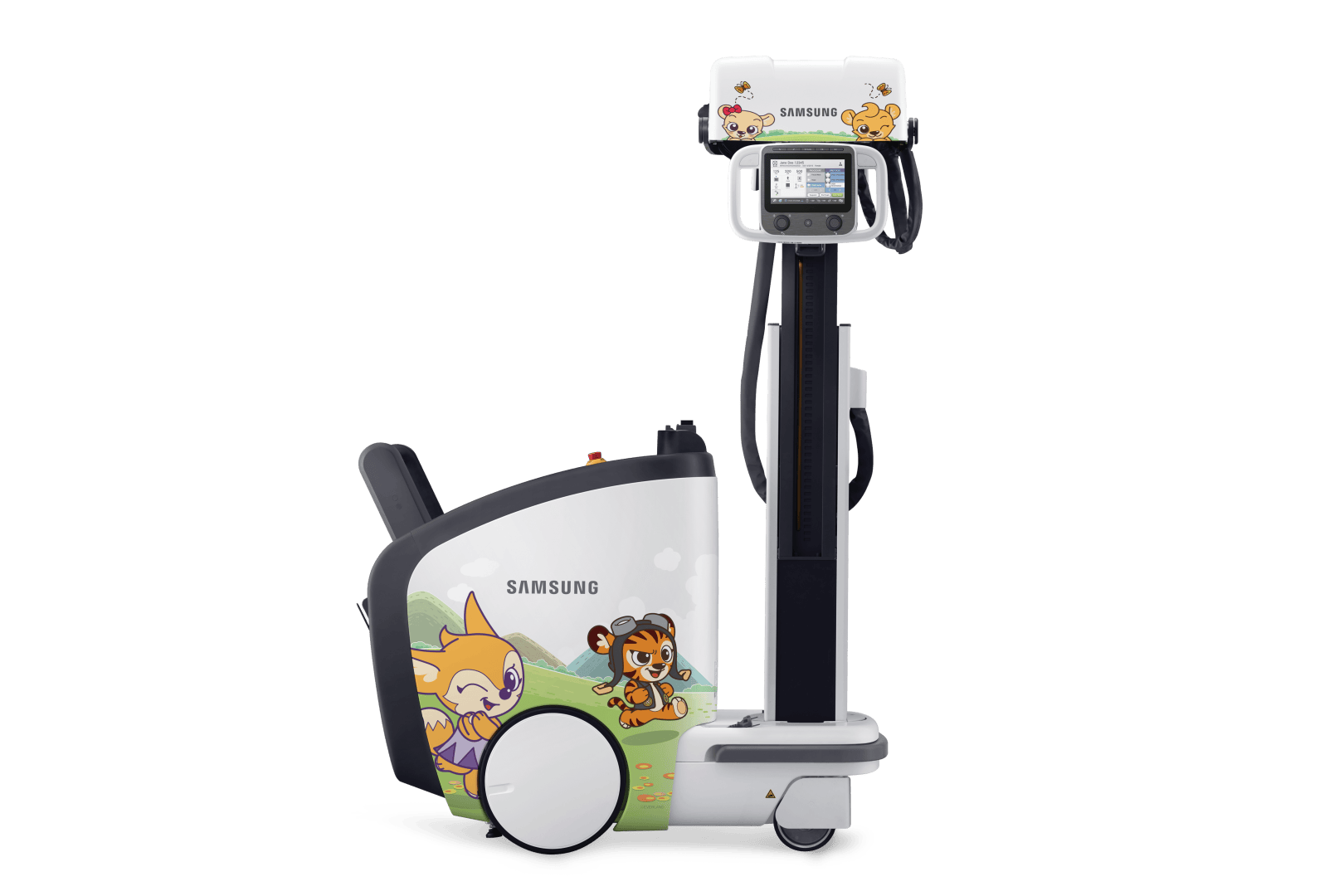 Un appareil de radiographie portable de la marque Samsung, orné de personnages d'animaux issus de dessins animés – notamment un renard et un tigre – afin de le rendre plus attrayant pour les enfants. L'appareil est blanc et comporte des illustrations colorées ainsi qu'un écran.