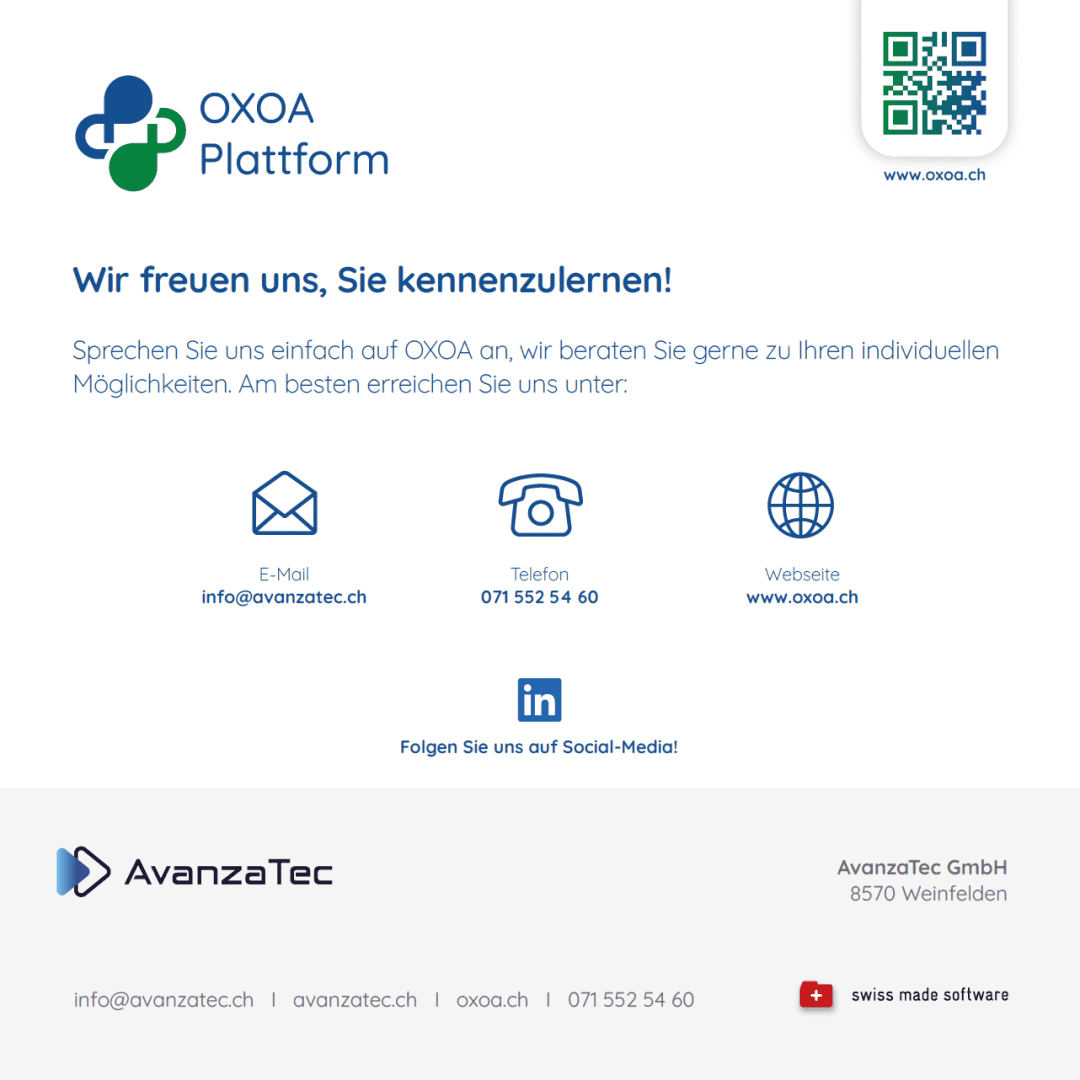 Kontaktdaten der OXOA-Plattform: E-Mail, Telefon, Website, LinkedIn sowie Logos von OXOA, AvanzaTec und „Swiss-made“-Software. Die Adresse und Kontaktdaten der AvanzaTec GmbH werden angezeigt. Blau-weißes Design.