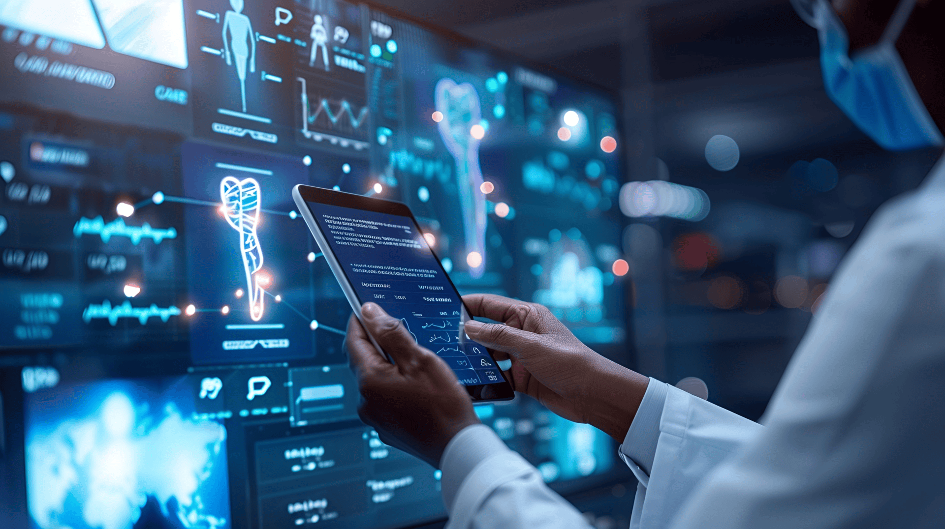 Ein Arzt in Laborkittel und Maske hält ein Tablet in der Hand und analysiert medizinische Daten, die auf großen digitalen Bildschirmen mit Körperscans, Diagrammen und Vitalwerten in einer hochtechnisierten medizinischen Umgebung angezeigt werden.