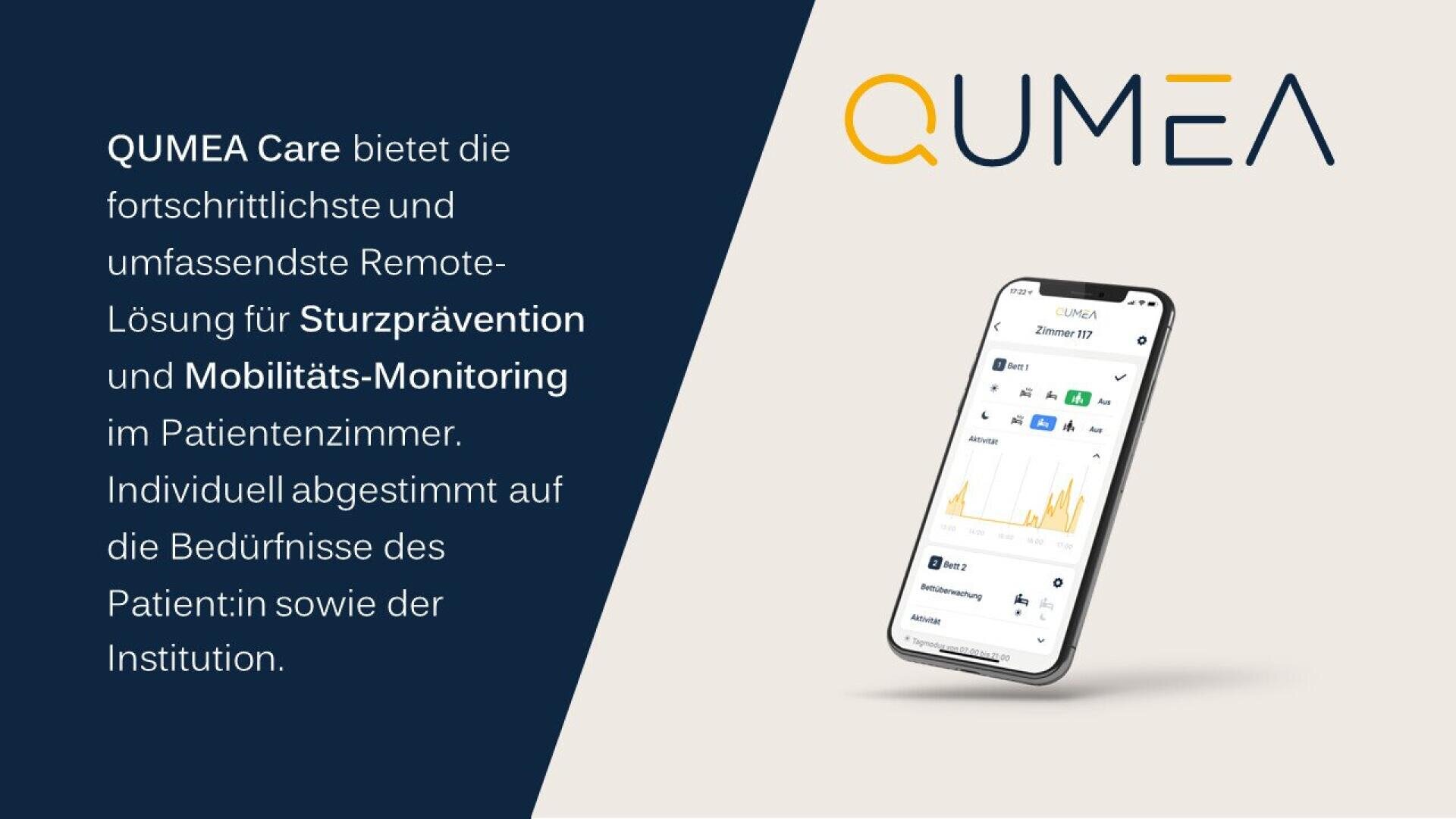 Un graphique promotionnel de QUMEA Care avec un texte en allemand décrivant des solutions avancées à distance pour la prévention des chutes et la surveillance de la mobilité, à côté d'un smartphone incliné affichant l'interface de l'application QUMEA.