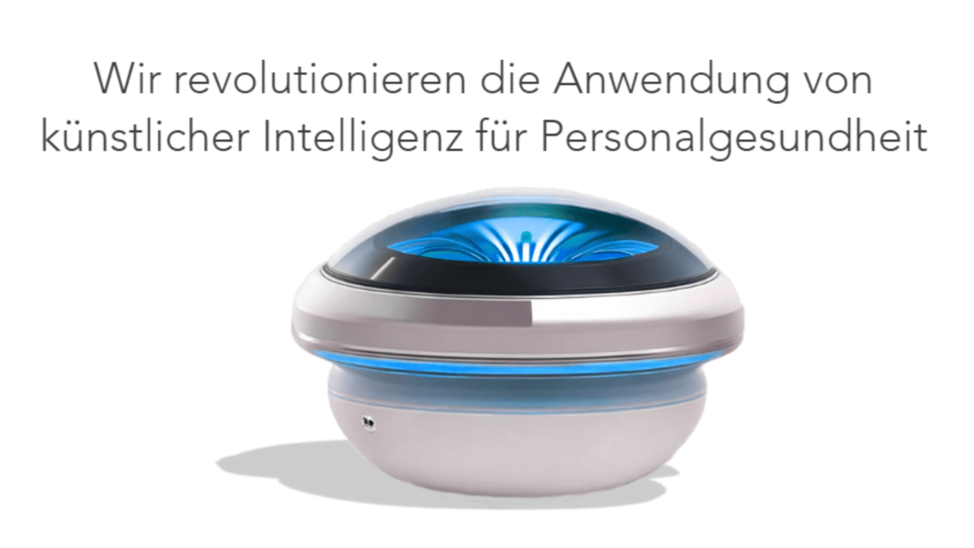 Ein futuristisch gestaltetes, rundes Gerät in Silber und Schwarz mit blauen Lichtern, das unter einem deutschen Text über die Revolutionierung der KI für die persönliche Gesundheit angezeigt wird.