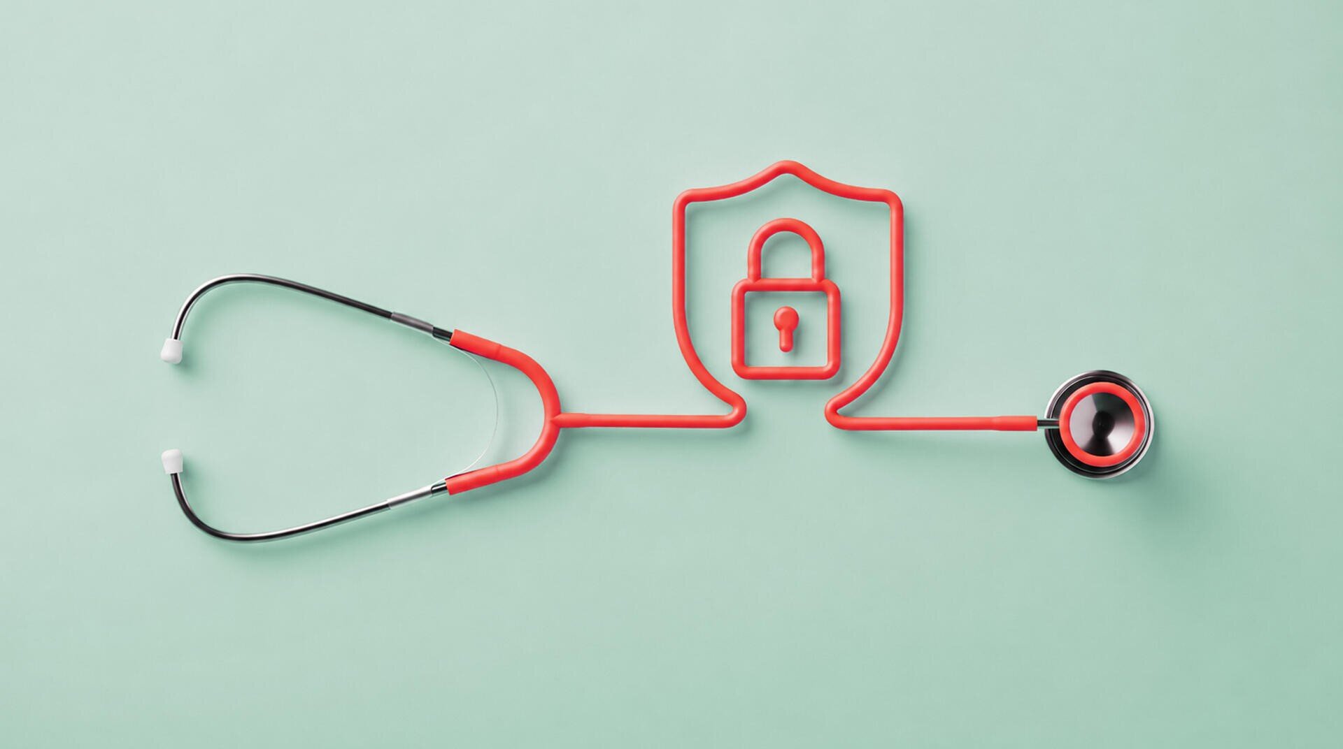 Un stéthoscope rouge dessine la silhouette d'un bouclier orné d'un cadenas sur un fond vert clair, symbolisant ainsi la sécurité dans le secteur de la santé ou la protection des données dans le domaine médical.