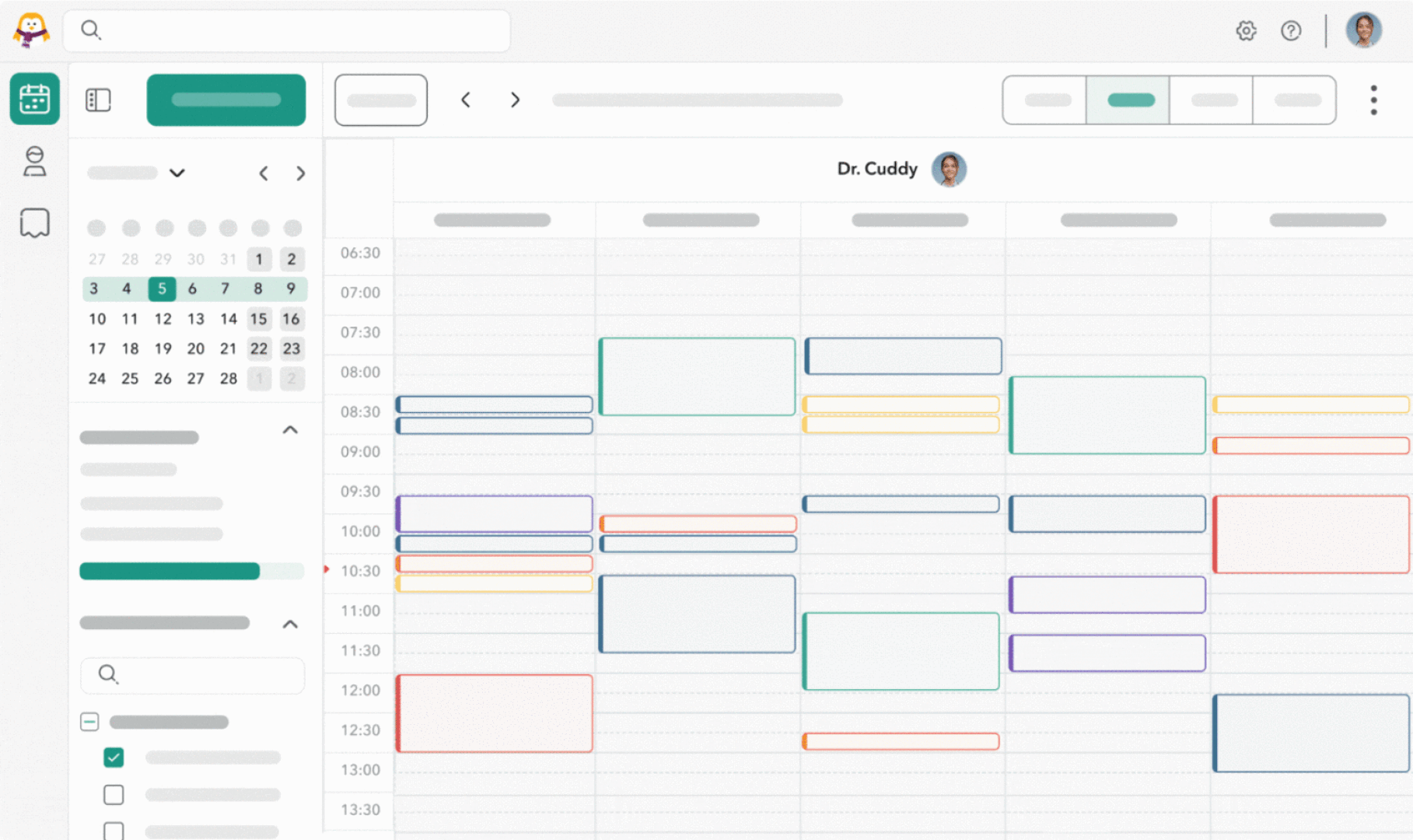 Une interface de calendrier numérique affiche une vue hebdomadaire comportant plusieurs rendez-vous identifiés par des codes couleur pour chaque jour ; un calendrier mensuel et des icônes de navigation s'affichent dans une barre latérale.