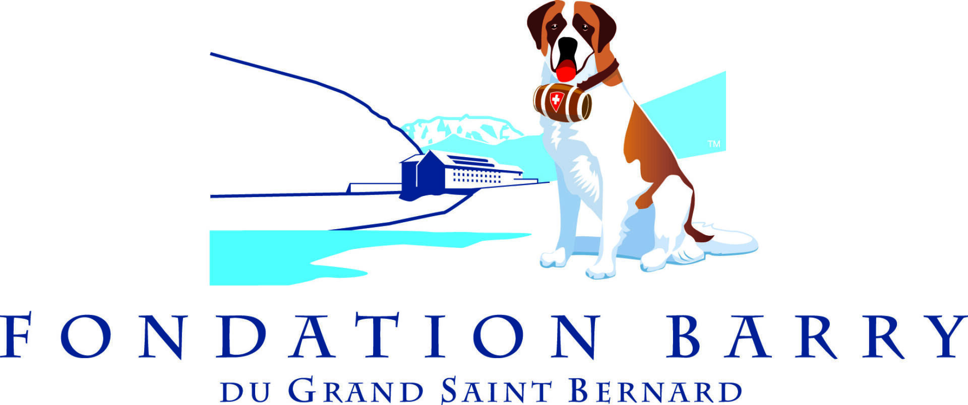 Abbildung eines Bernhardinerhundes mit einem Fass um den Hals, der neben der blauen Silhouette einer Berglandschaft und eines Gebäudes sitzt. Darunter steht der Text „Fondation Barry du Grand Saint Bernard“.