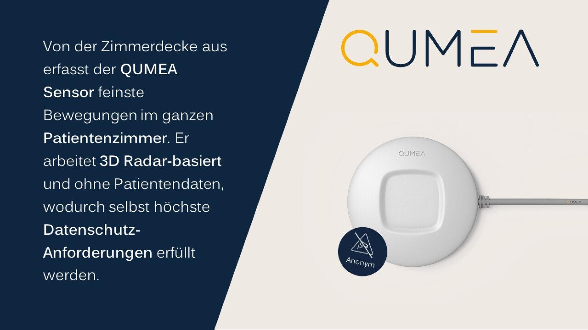 Graphique avec description des capteurs QUMEA pour l'évaluation du mouvement dans les chambres de patients. Le texte de gauche présente les caractéristiques des capteurs, tandis que celui de droite illustre le capteur de couleur bleu foncé avec l'étiquette d'identification.