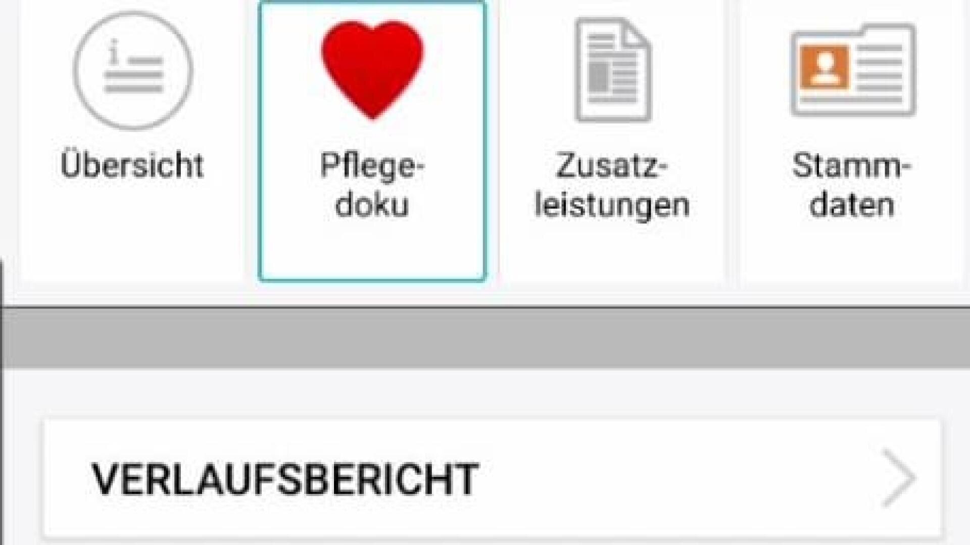 Screenshot einer deutschen Benutzeroberfläche mit vier Menüoptionen: Übersicht, Pflegedoku (mit einem roten Herzsymbol), Zusatzleistungen und Stammdaten. Darunter befindet sich ein hervorgehobener Abschnitt mit der Bezeichnung VERLAUFSBERICHT.