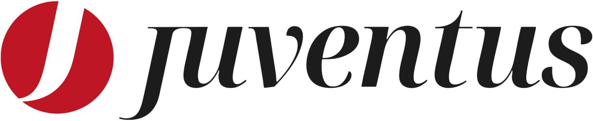 Das Bild zeigt das Wort „Juventus“ in schwarzer, eleganter Kursivschrift neben einem rot-weißen, kreisförmigen Logo, das einem stilisierten J ähnelt.