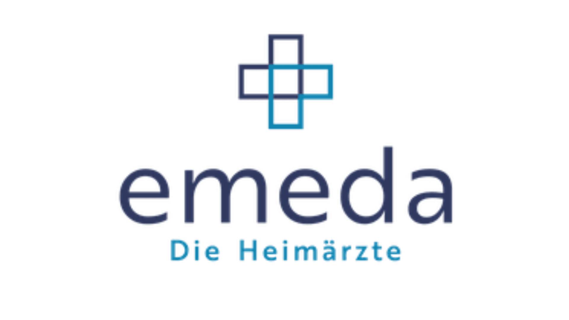 Logo mit einem blau umrandeten Ärztekreuz über dem Wort emeda in dunkelblauen Kleinbuchstaben. Darunter befindet sich in hellblauer Schrift der Text Die Heimärzte. Der Hintergrund ist weiß.
