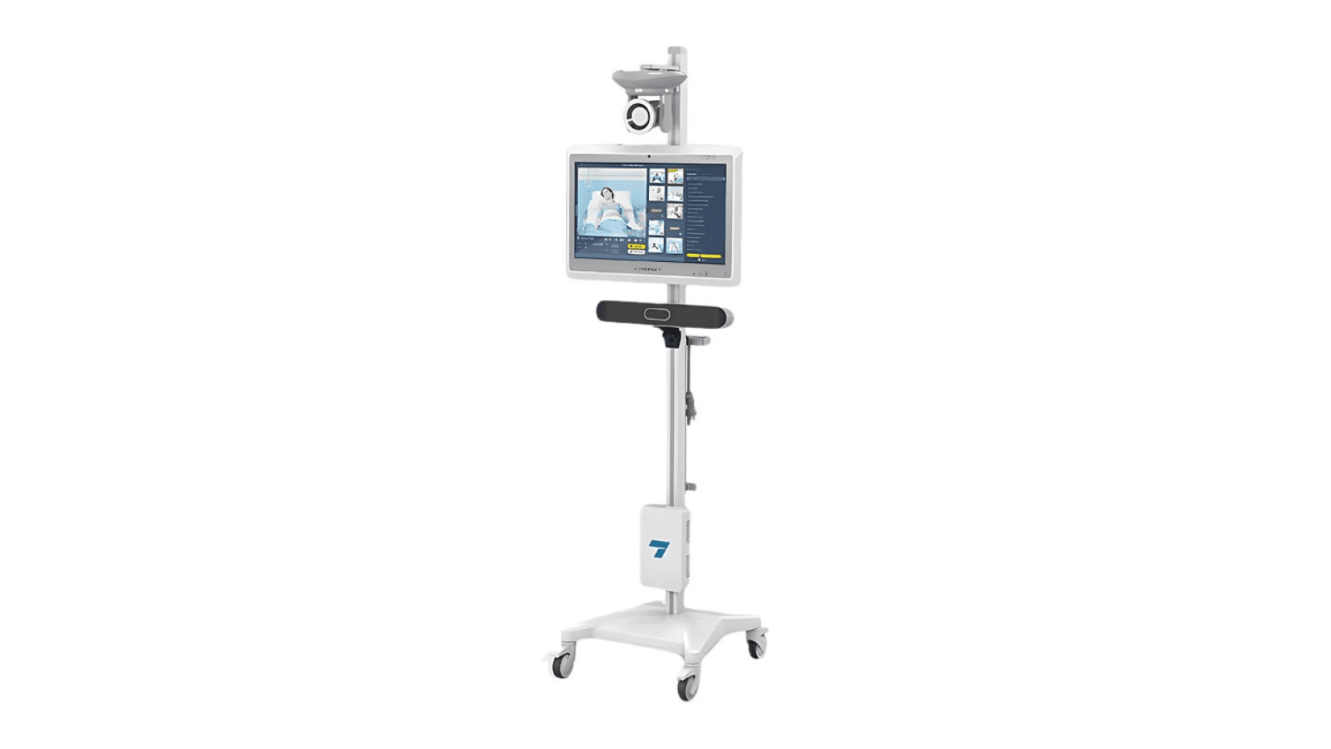 Ein medizinischer Telemedizin-Wagen mit einem Bildschirm, auf dem eine virtuelle Konsultation zu sehen ist, einer Kamera oben drauf und Geräten auf einem Ständer mit Rollen, der für die Fernversorgung von Patienten verwendet wird.