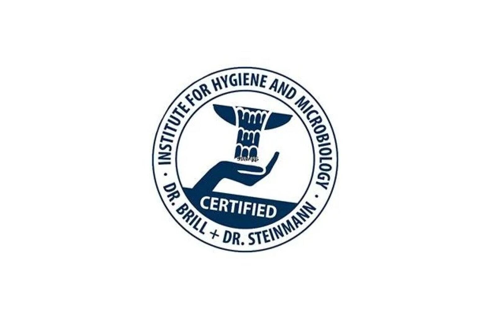 Das Logo des Instituts für Hygiene und Mikrobiologie zeigt eine stilisierte Hand, die Bakterien hält, mit dem Schriftzug CERTIFIED und Dr. Brill + Dr. Steinmann in der Mitte.