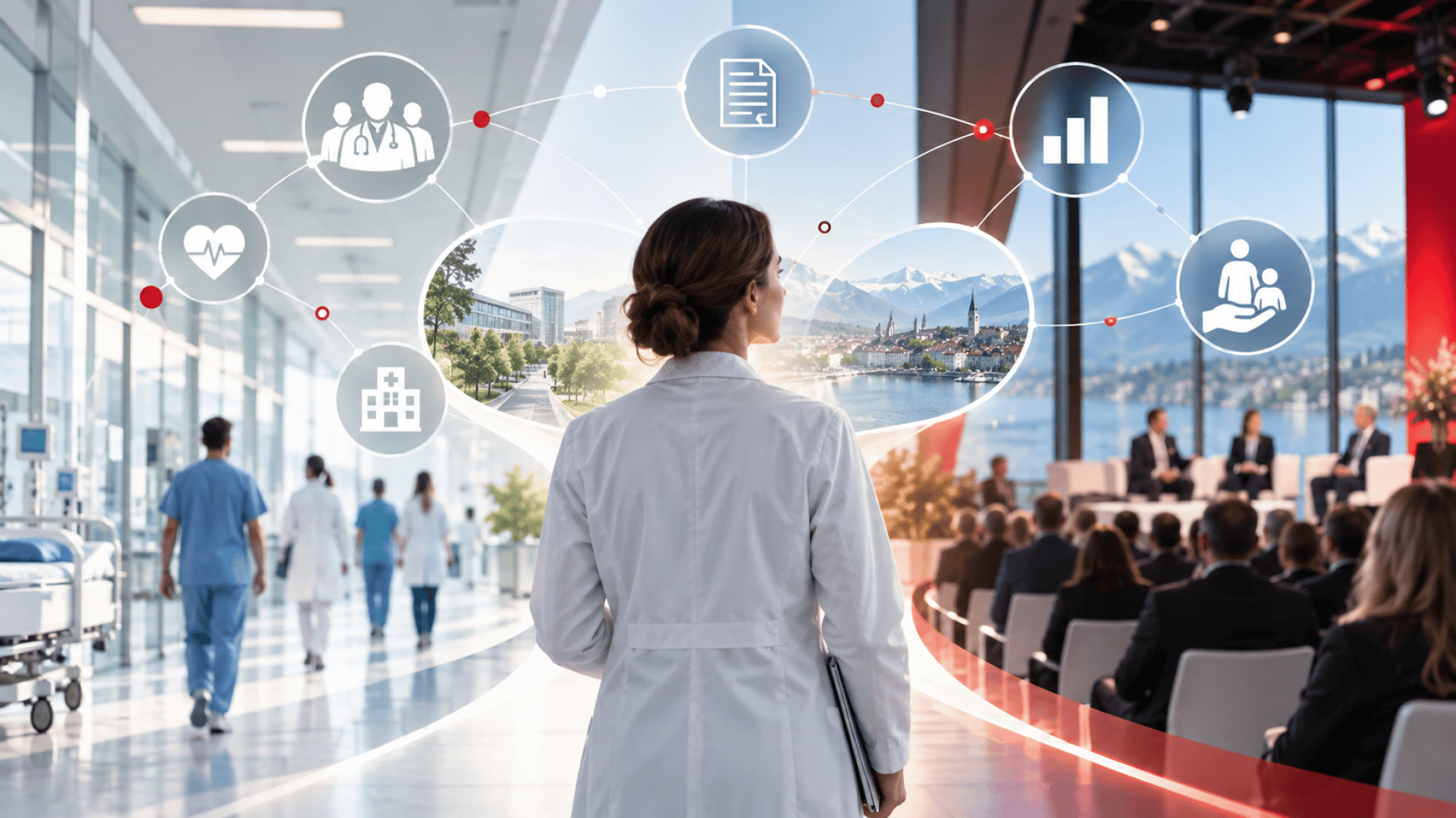 Ein Arzt steht in einem Krankenhausflur und hält ein Tablet in der Hand. Medizinische Symbole und Grafiken überlagern das Bild. Im Hintergrund nehmen Menschen an einer Konferenz teil, von der aus man durch große Fenster einen malerischen Blick auf die Berge hat.