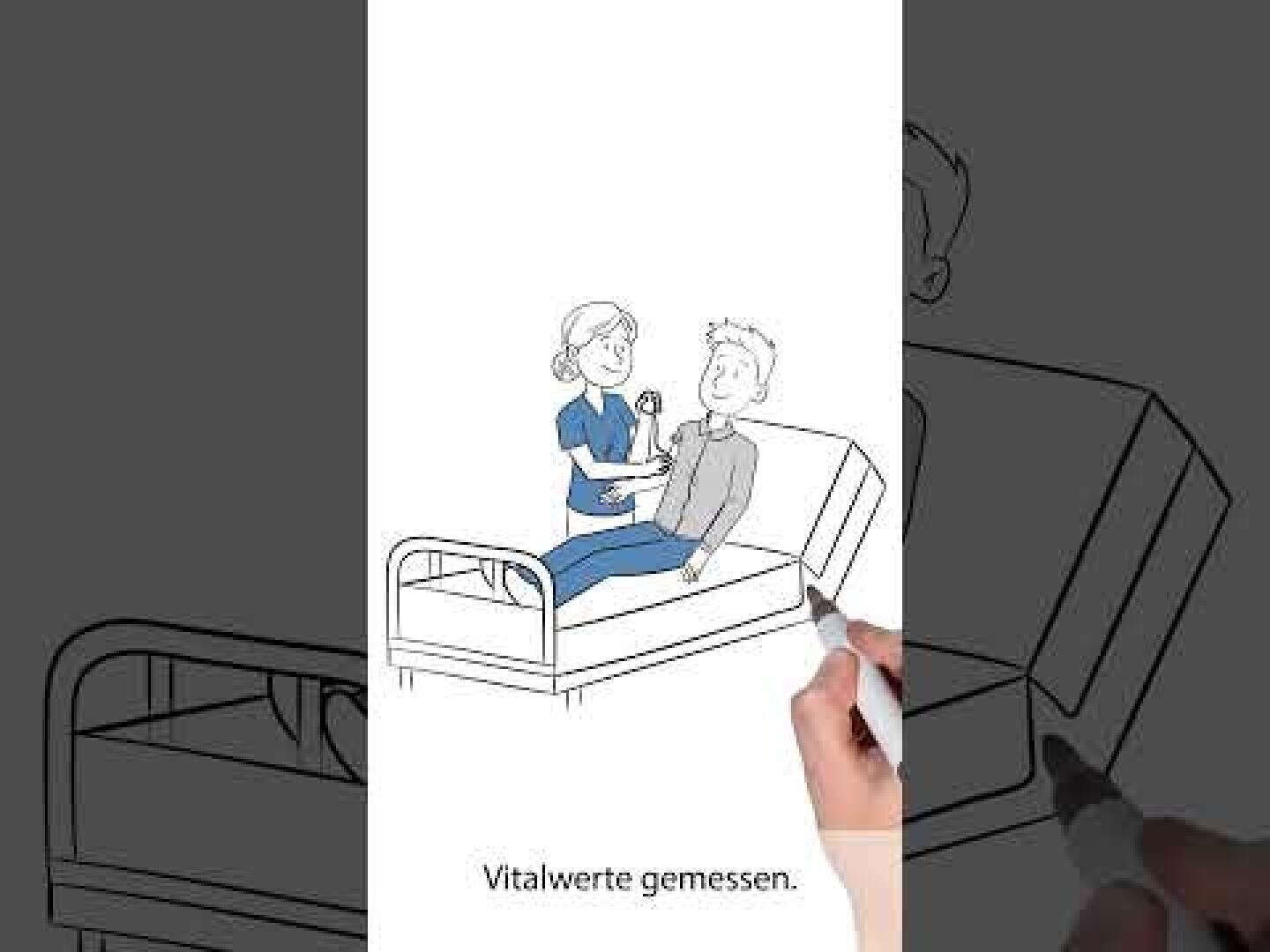 Eine Krankenschwester misst die Vitalwerte eines Patienten, während dieser auf einem Krankenhausbett sitzt. Der Text darunter lautet: „Vitalwerte gemessen“. Eine Hand zeichnet die Szene in Schwarz-Weiß.