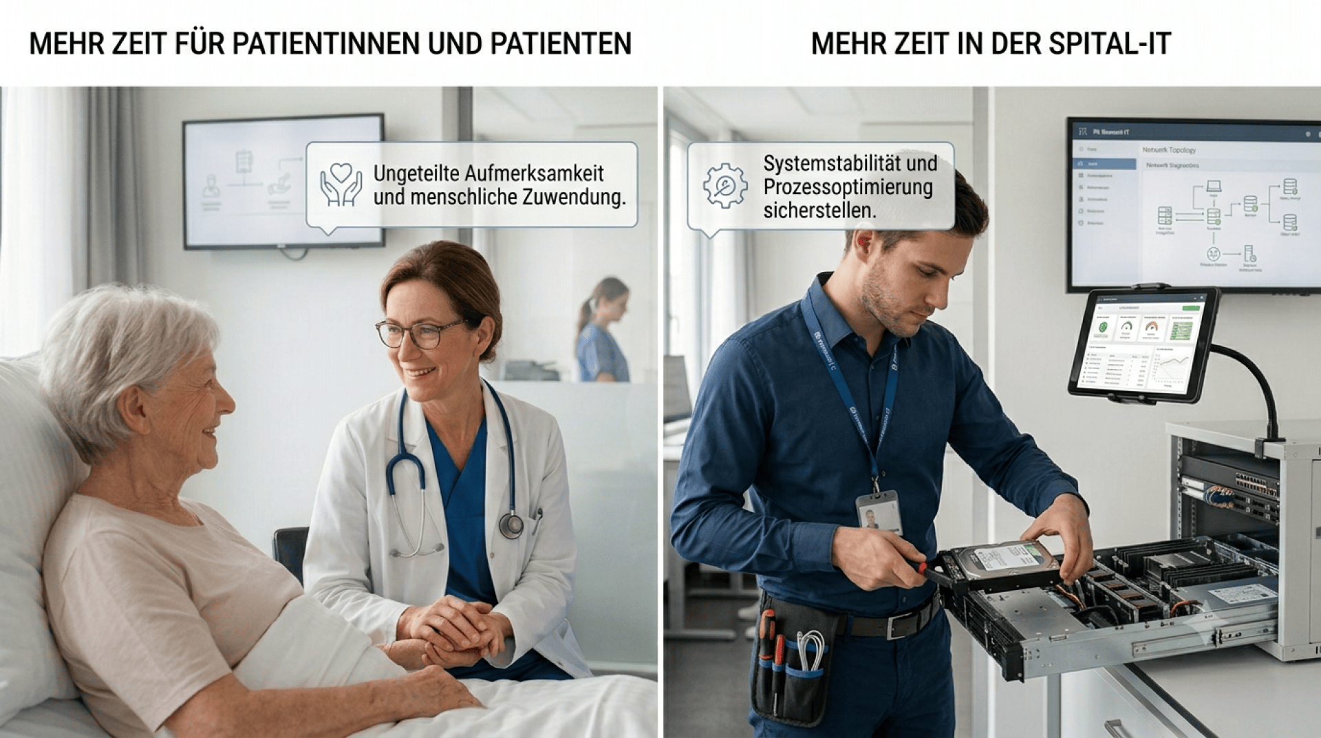 Geteiltes Bild: Links ist ein Arzt zu sehen, der lächelnd mit einem Patienten im Bett spricht. Rechts ist ein Techniker zu sehen, der in einem Krankenhaus an IT-Hardware arbeitet, wobei auf einem Bildschirm ein Netzwerkdiagramm angezeigt wird.