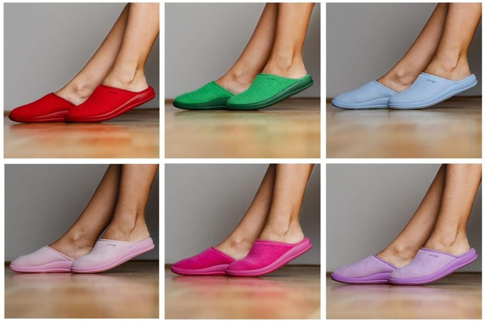 Six photos montrent des pieds chaussés de pantoufles de couleur rouge, verte, bleu clair, rose clair, magenta et lavande. Toutes les pantoufles sont du même style et sont portées sur un fond couleur bois ou neutre.