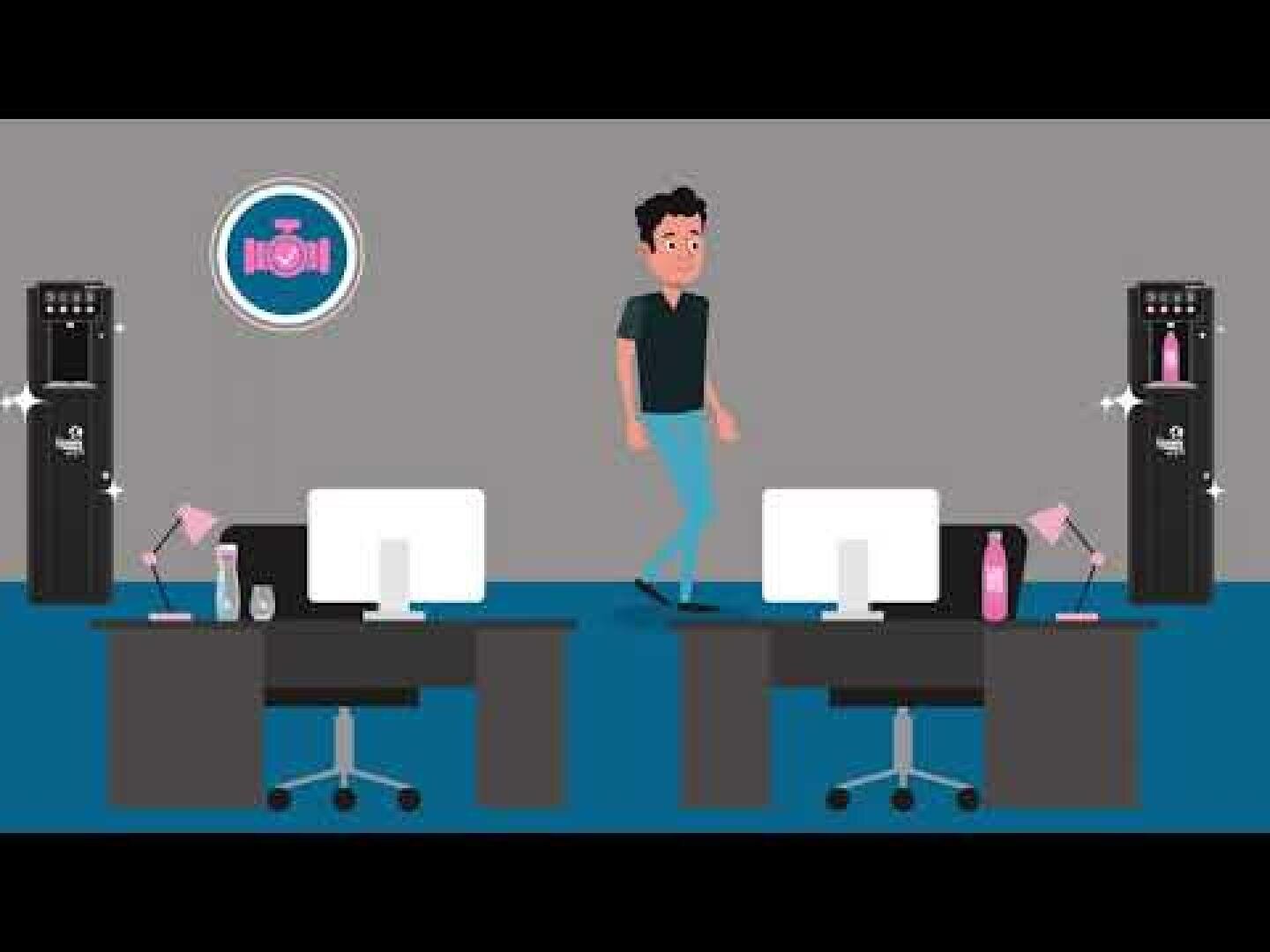 Karikatur eines Mannes, der zwischen zwei Schreibtischen mit Computern, Lampen und Wasserflaschen steht. Auf beiden Seiten stehen jeweils zwei Wasserspender, und über ihm hängt eine Wanduhr. Die Szene scheint in einem modernen Büro zu spielen.