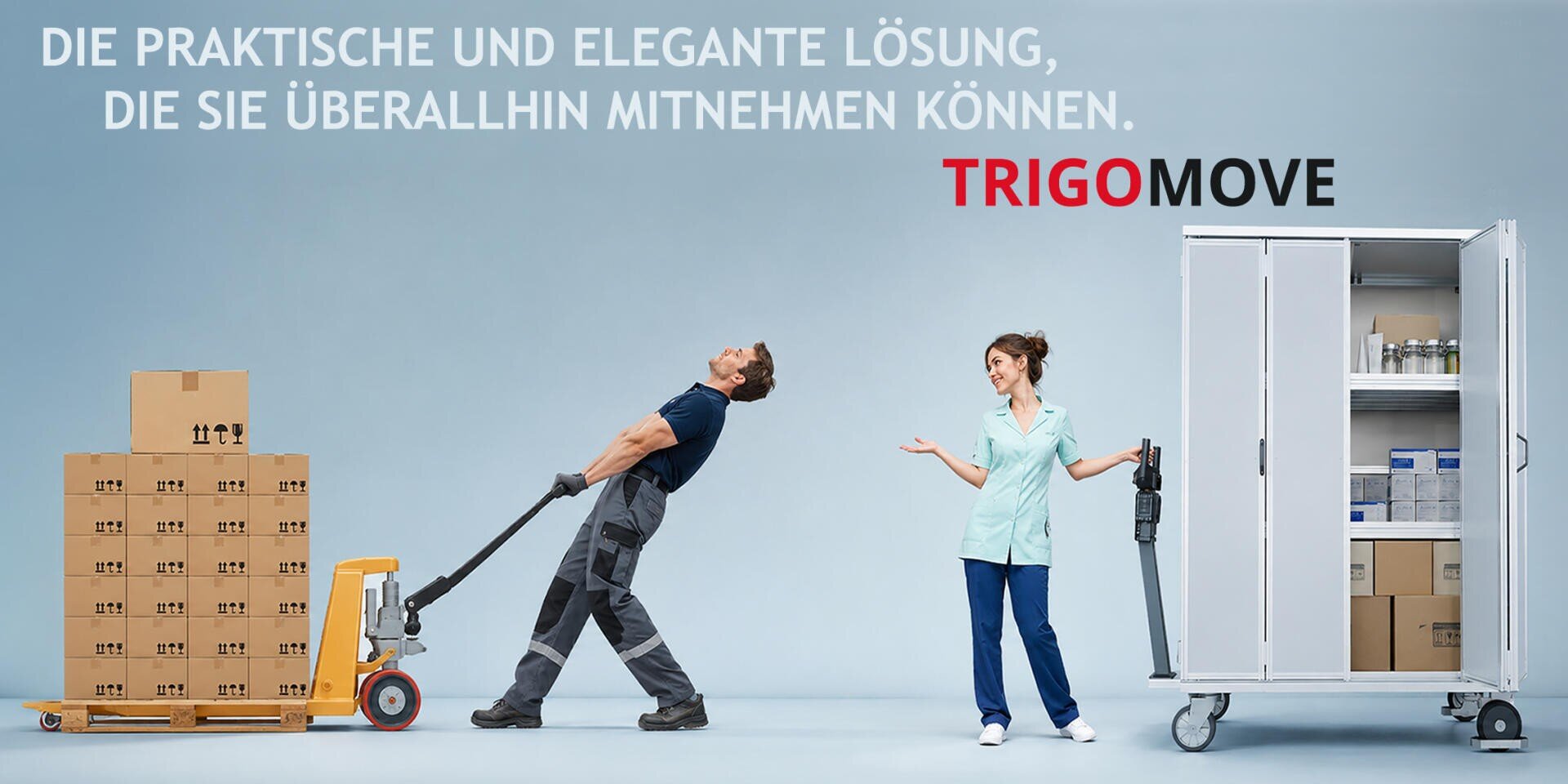 Ein Mann zieht eine schwere Palette mit Kartons hinter sich her, während eine Frau in OP-Kleidung neben einem Rollschrank steht. Über ihnen sind ein deutscher Text und das Wort „TRIGOMOVE“ zu sehen.