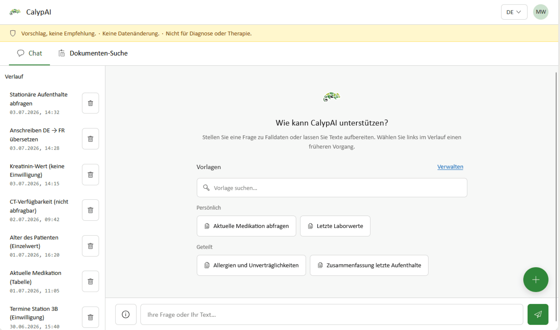 Screenshot der Benutzeroberfläche einer medizinischen Software mit dem Patientenmenü auf der linken Seite und einem zentralen Suchfeld mit der Überschrift „Wie kann CalyAI unterstützen?“, das Optionen für Medikamente, Laborwerte, Allergien und den Krankenhausaufenthalt des Patienten bietet.