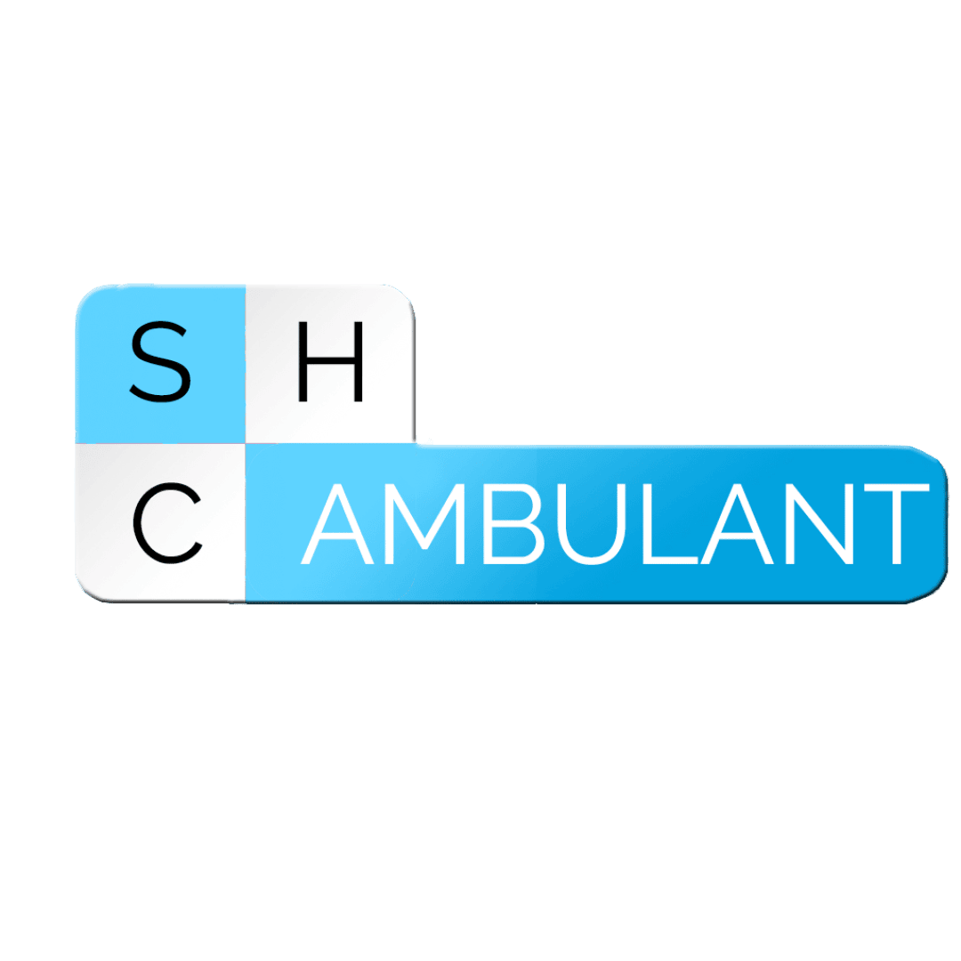 Ein Logo mit vier vertikal übereinander angeordneten Quadraten mit den Buchstaben S, H, C auf der linken Seite und einem blauen Rechteck auf der rechten Seite mit dem Wort AMBULANT in großen weißen Buchstaben.