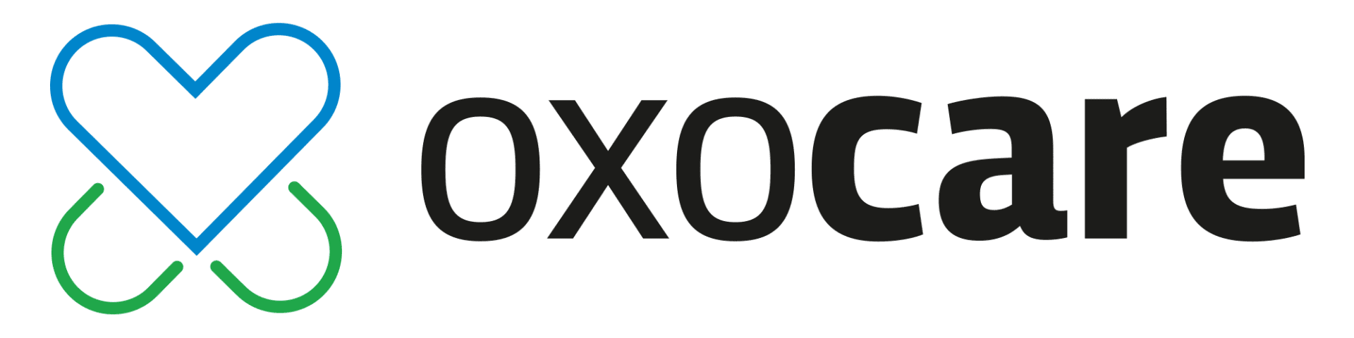 Oxocare-Logo mit einem blauen und grünen herzförmigen Stethoskop auf der linken Seite und dem Wort oxocare in fetten, schwarzen Kleinbuchstaben auf der rechten Seite.