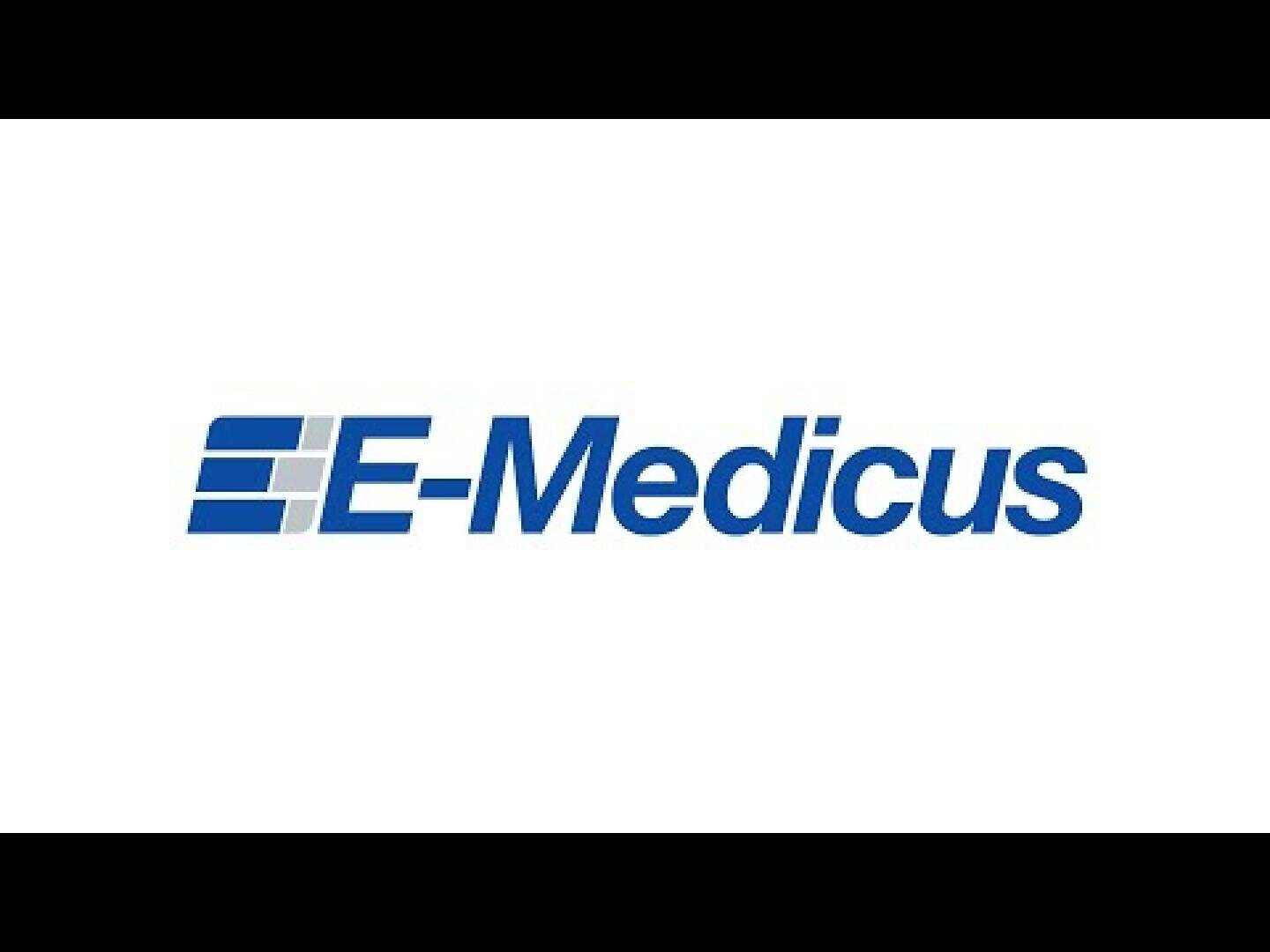 Das E-Medicus-Logo zeigt blaue, stilisierte E-Balken, gefolgt vom Schriftzug „E-Medicus“ in Blau auf weißem Hintergrund.
