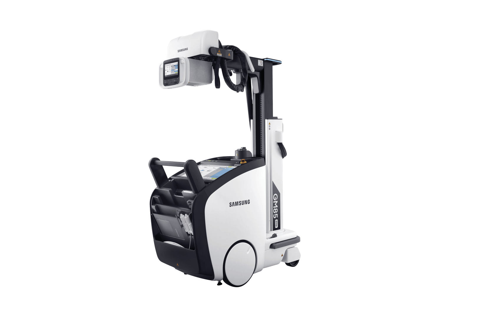 Un appareil de radiographie portable Samsung GM85 équipé de roulettes, d'un écran tactile et d'un bras réglable, conçu pour l'imagerie médicale mobile dans les établissements cliniques.