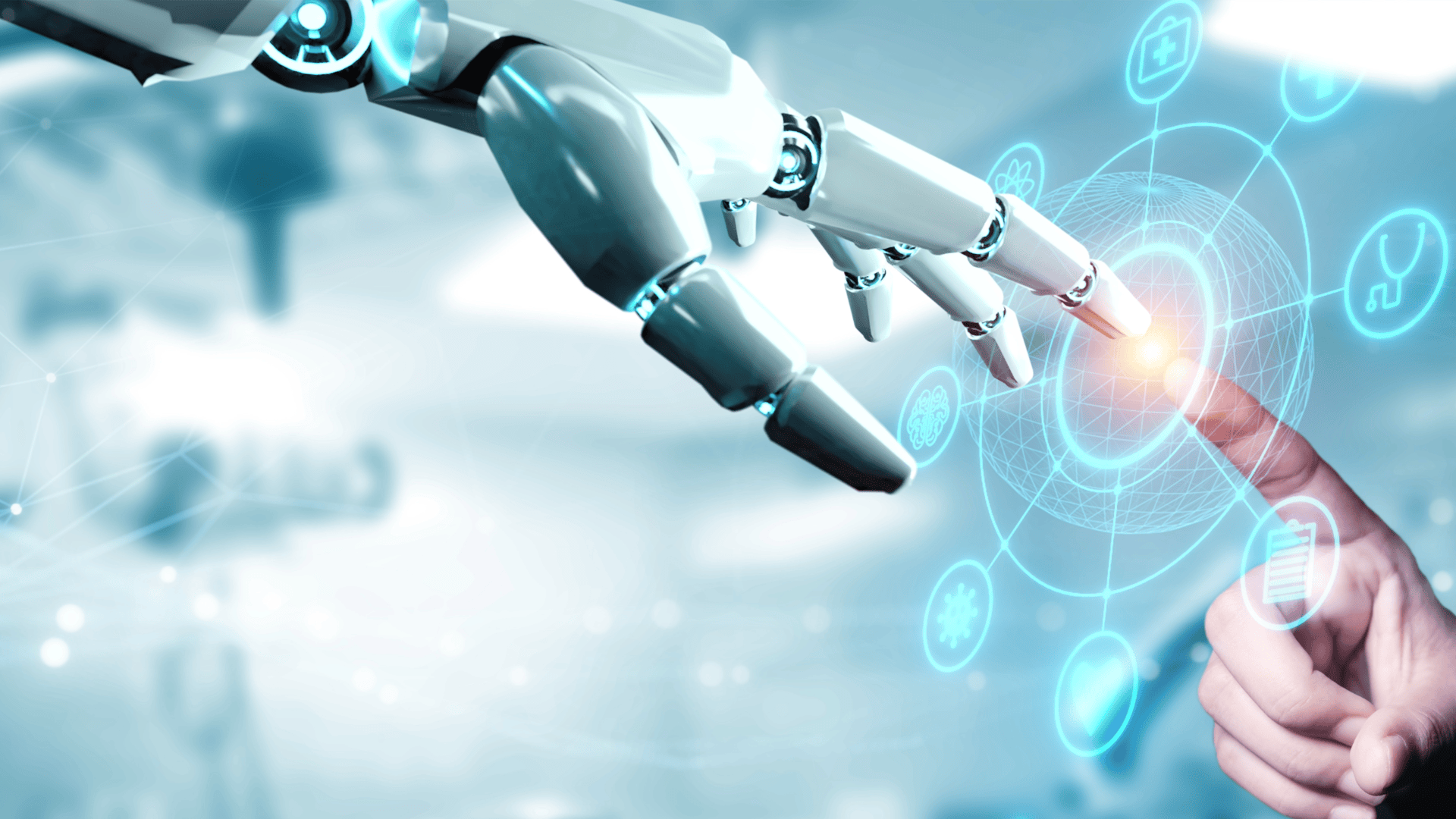 Eine Roboterhand und eine menschliche Hand berühren sich an den Fingerspitzen, mit leuchtenden digitalen Symbolen und Netzwerkverbindungen zwischen ihnen, die die Zusammenarbeit zwischen Mensch und KI und futuristische Technologie darstellen.