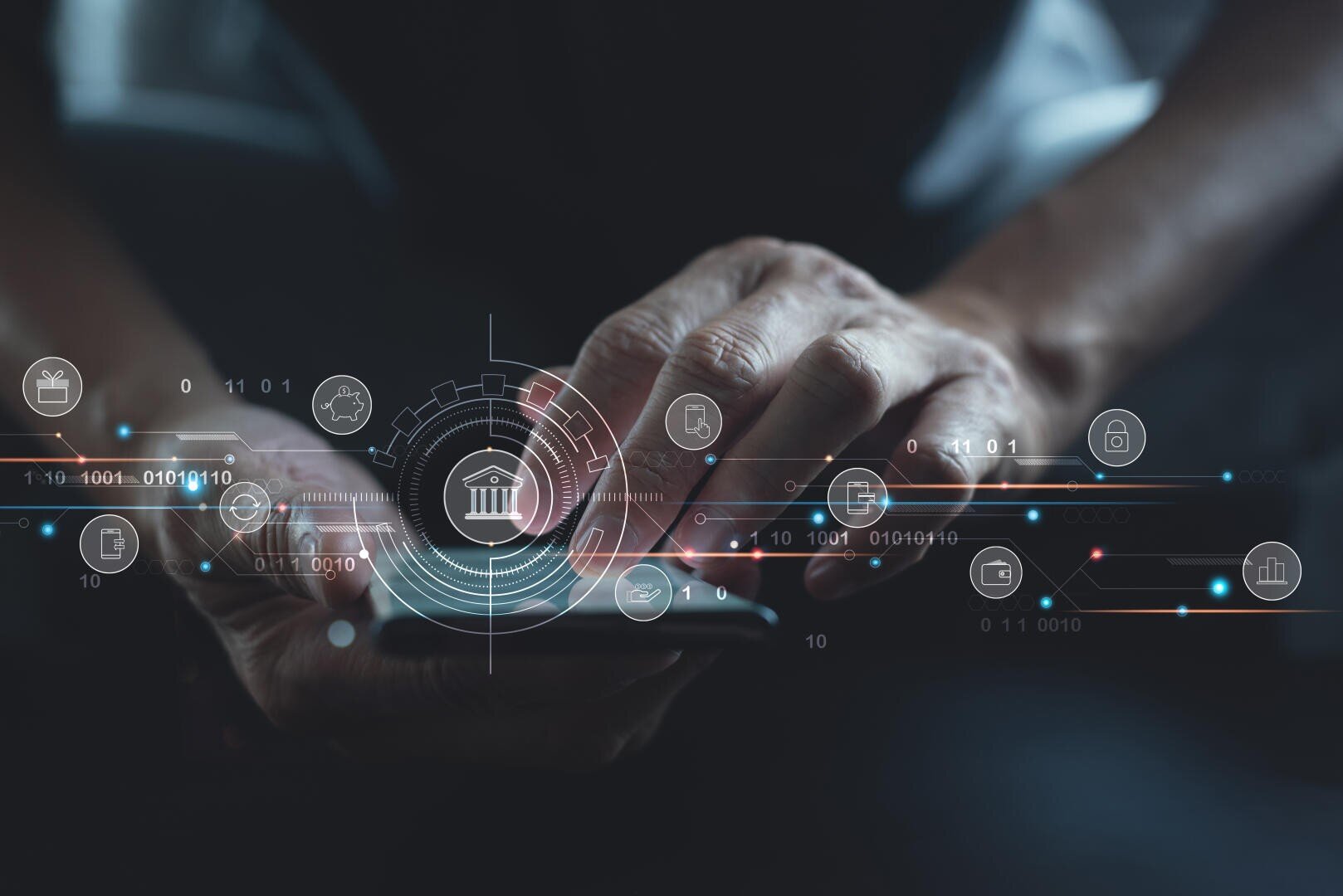 Eine Person benutzt ein Smartphone, auf dem digitale Finanz- und Banksymbole eingeblendet sind, die für Online-Banking, sichere Transaktionen und Finanztechnologie stehen.