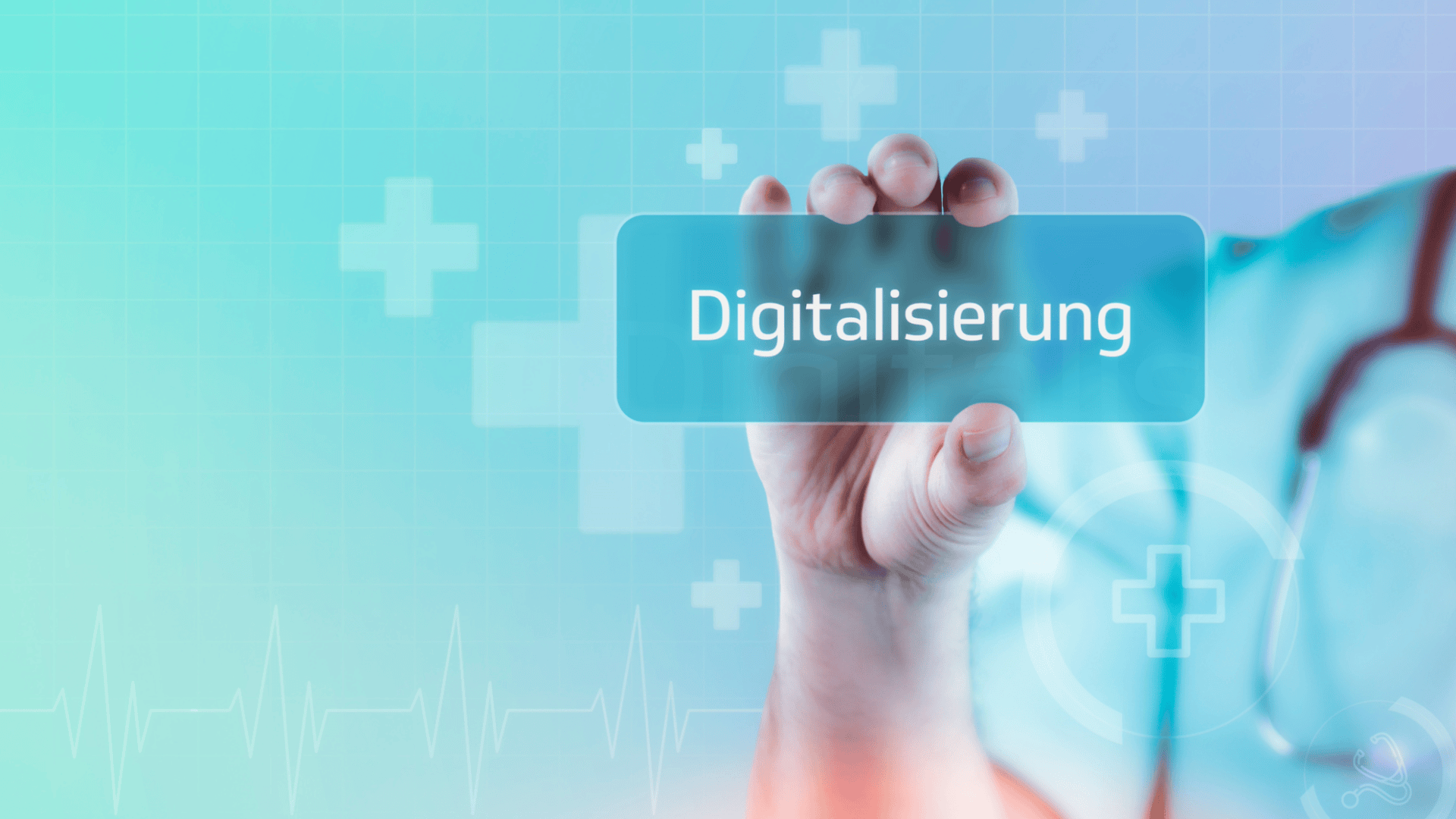 Eine Hand hält eine transparente Tafel mit dem Wort "Digitalisierung" vor einem medizinischen Hintergrund mit Kreuzen, einem Stethoskop und EKG-Linien.