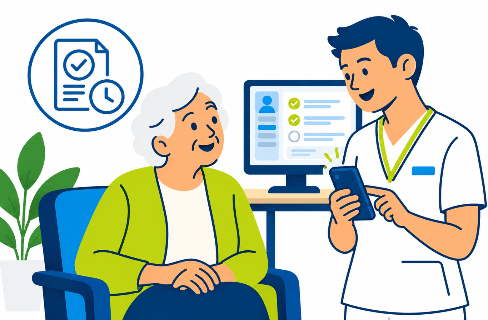Ein Mitarbeiter des Gesundheitswesens zeigt einer älteren Frau Informationen auf einem Smartphone. Hinter ihnen sind auf einem Computer Bildschirm medizinische Unterlagen zu sehen, und im Hintergrund sind eine Pflanze sowie ein Dokumentensymbol zu erkennen.