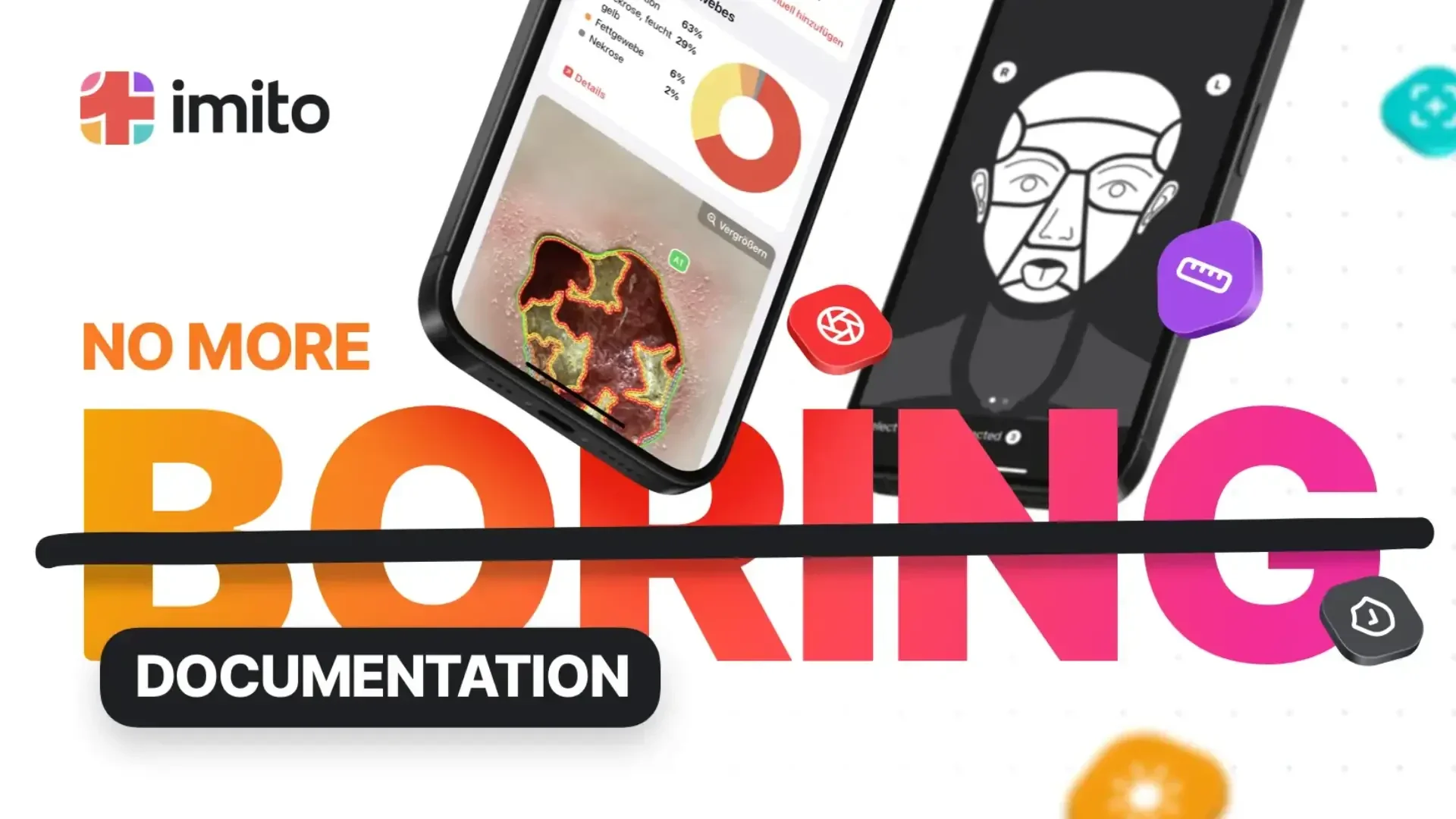 Zwei Smartphones mit medizinischen und künstlerischen Grafiken erscheinen über dem fettgedruckten Text "NO MORE BORING DOCUMENTATION" (mit durchgestrichenem BORING). Das imito-Logo befindet sich in der oberen linken Ecke. Helle Farben und Icons schmücken den Hintergrund.