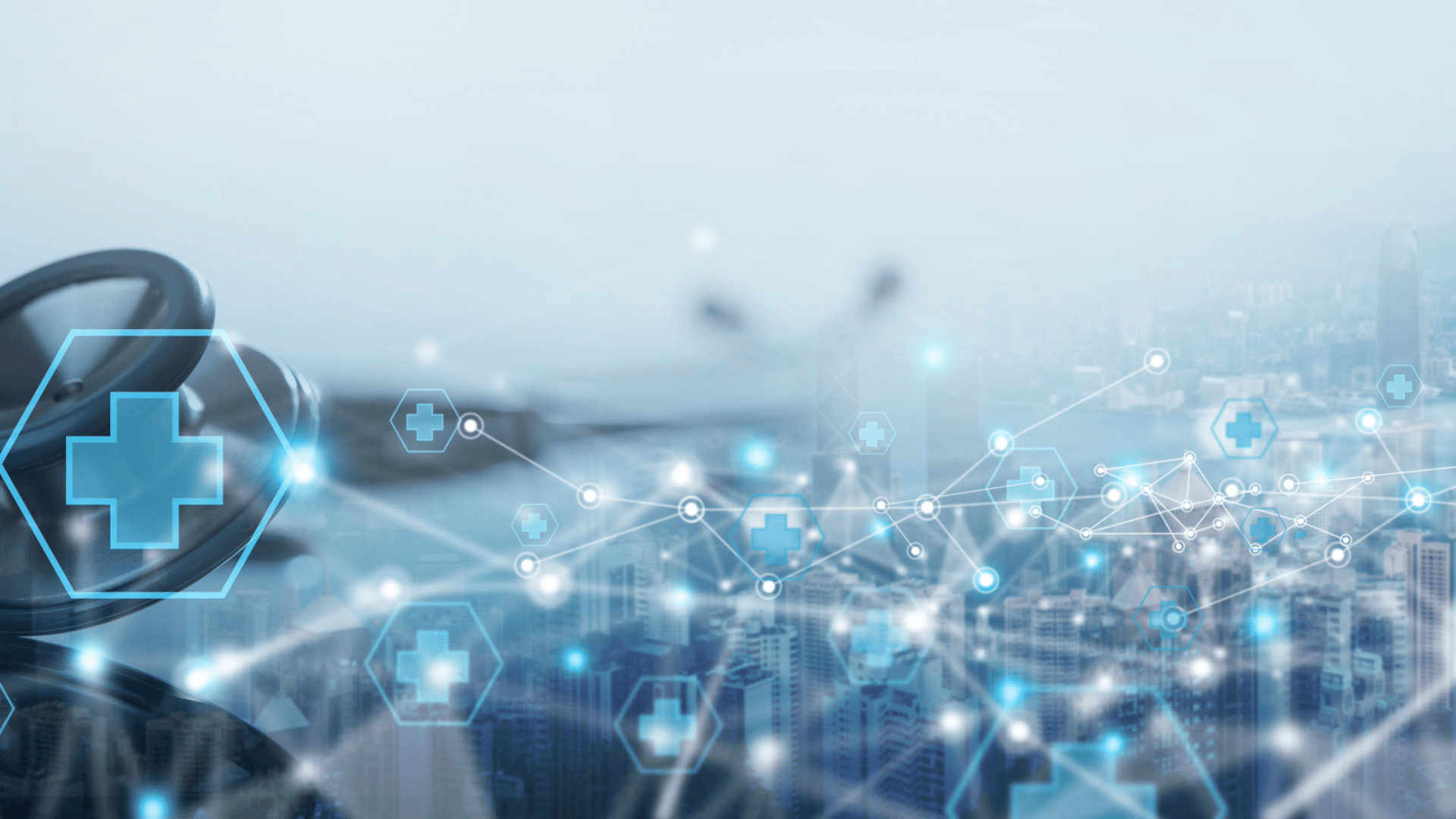 Eine digitale Illustration überlagert eine Stadtlandschaft mit medizinischen Symbolen, Verbindungslinien und einem Stethoskop, die Gesundheitstechnologie und vernetzte medizinische Dienste in einer städtischen Umgebung darstellen.