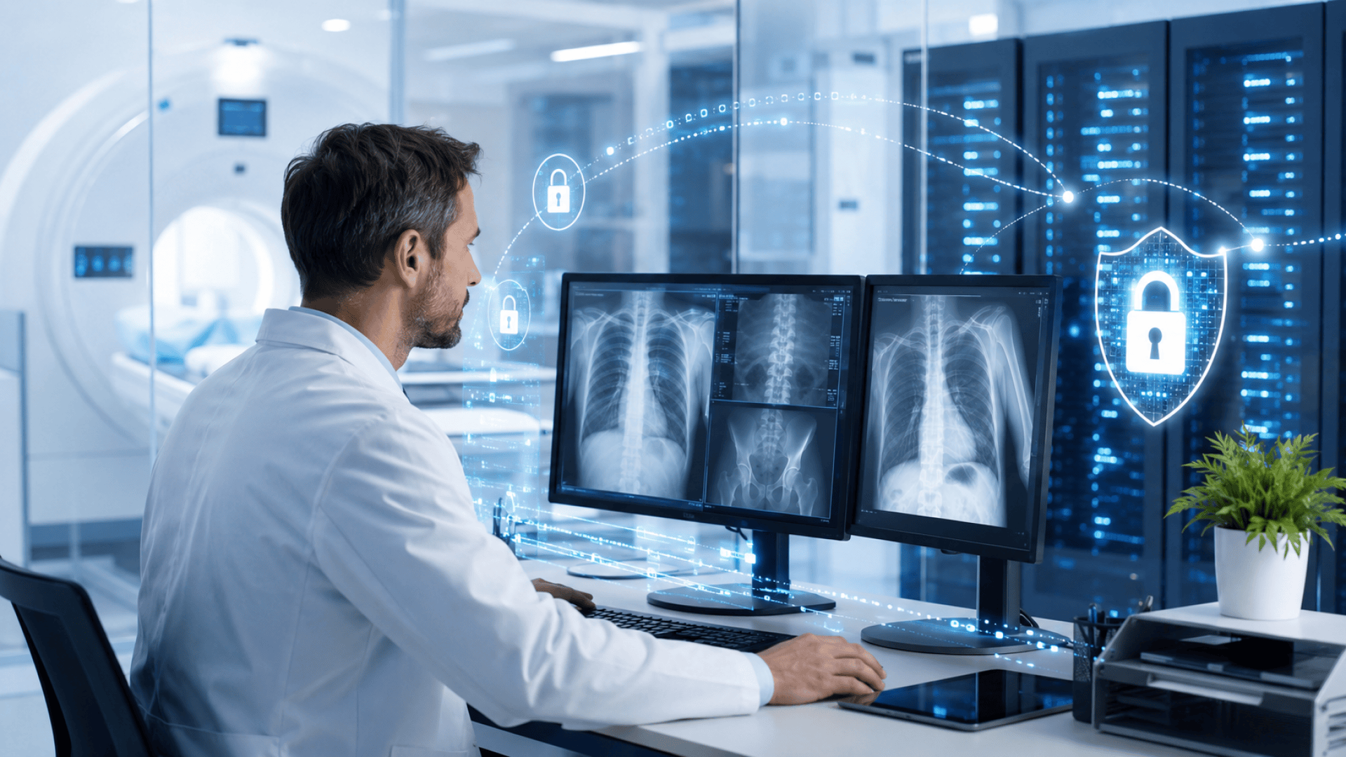 Ein Arzt betrachtet in einer modernen Arztpraxis Röntgenaufnahmen des Brustkorbs auf zwei Monitoren, über die digitale Sicherheitssymbole eingeblendet sind, was auf Datenschutz im Gesundheitswesen hindeutet.