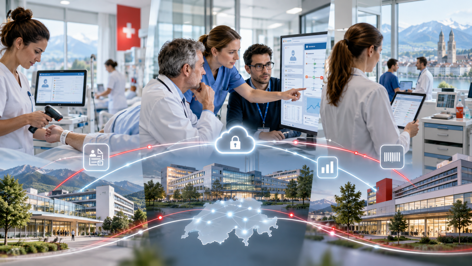 In einem modernen Krankenhaus arbeiten Ärzte und Pflegekräfte gemeinsam mit digitalen Patientenakten und Daten auf Bildschirmen, während im Hintergrund Cloud-Computing-Symbole und Sicherheitssymbole über Schweizer Gesundheitseinrichtungen eingeblendet sind.