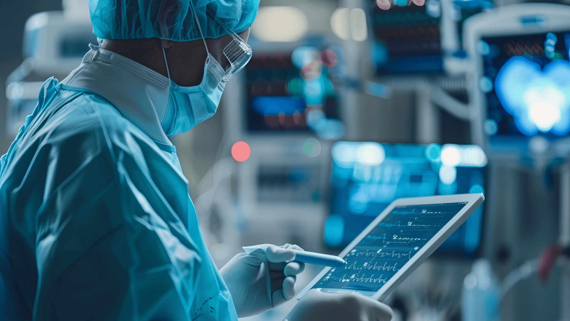 Eine medizinische Fachkraft in Kittel, Handschuhen, Maske und Mütze überwacht mit einem digitalen Tablet Patientendaten in einer hochtechnisierten Krankenhausumgebung, während im Hintergrund medizinische Geräte und Monitore zu sehen sind.
