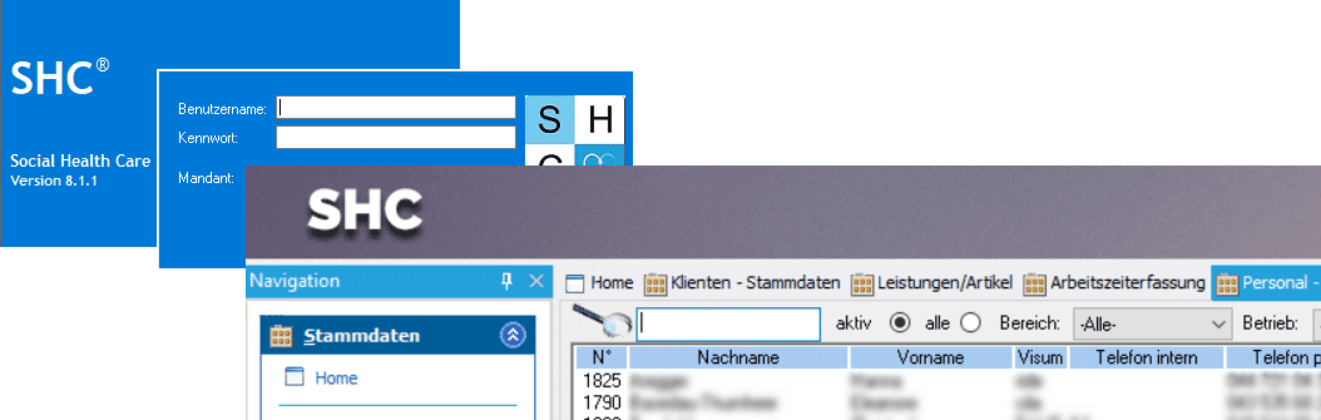 Ein Screenshot zeigt den Anmeldebildschirm der SHC Social Health Care Software und eine Teilansicht der Hauptschnittstelle mit Navigationsregisterkarten und einer Tabelle mit Klienteninformationen wie Name, Telefonnummer und Status.