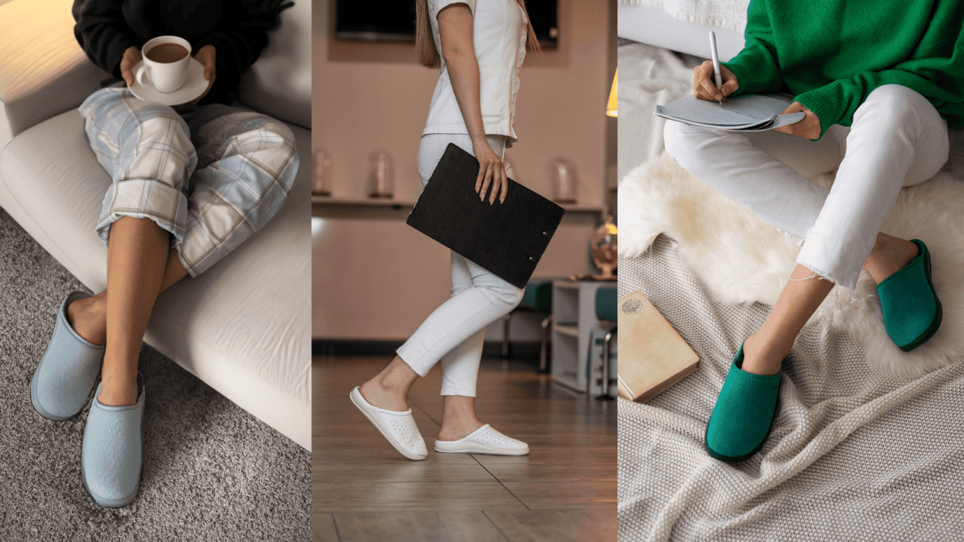 Trois images : une personne en pyjama et chaussée de pantoufles bleues, tenant une tasse à la main ; une personne vêtue de blanc et chaussée de pantoufles blanches, tenant un dossier noir à la main ; une personne vêtue d'un pull vert, d'un pantalon blanc et de chaussons verts, en train d'écrire dans un cahier.