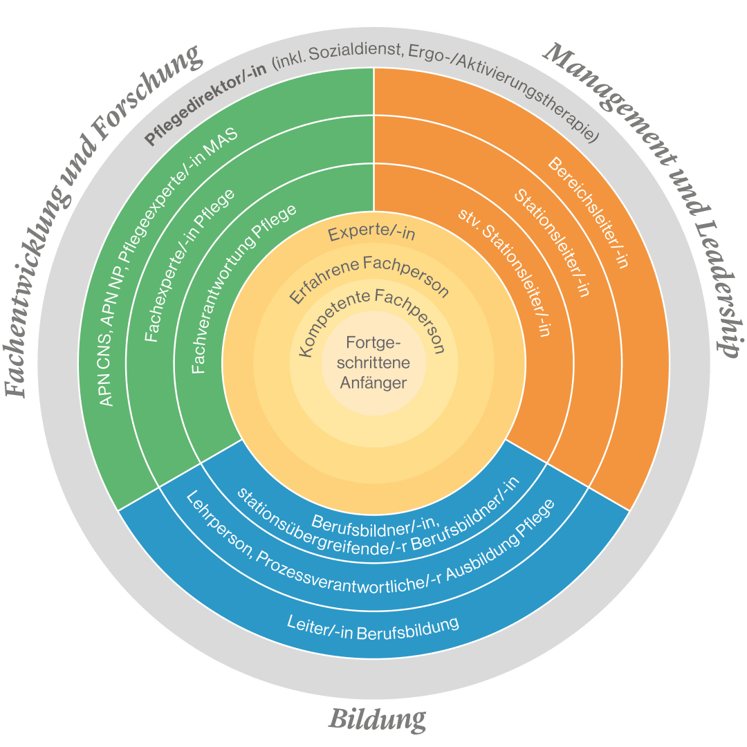 Diagramme circulaire en allemand présentant les parcours professionnels et les fonctions dans le secteur des soins, répartis en trois catégories : « Développement professionnel et recherche », « Gestion et direction » et « Formation », les fonctions étant classées par niveau d'expérience, du débutant à l'expert.