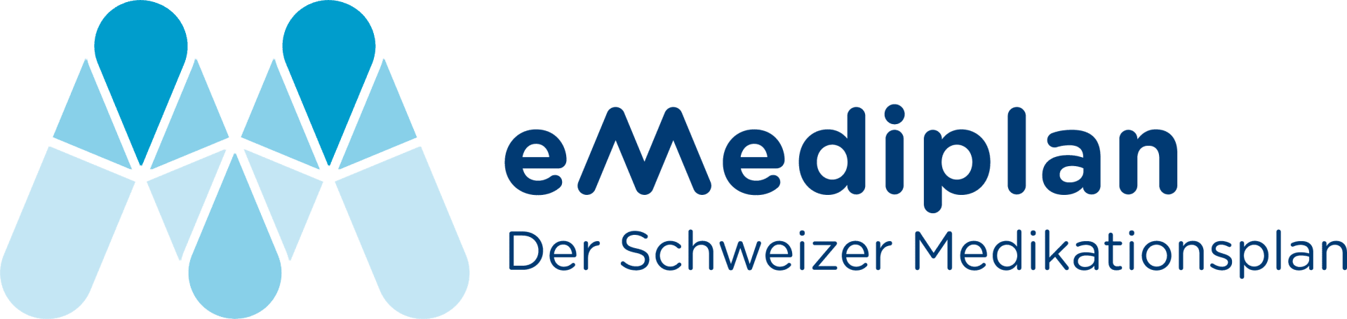 Logo von eMediplan mit zwei stilisierten blauen und hellblauen M-Formen, mit dem Text eMediplan und Der Schweizer Medikationsplan in blauer Schrift auf der rechten Seite.