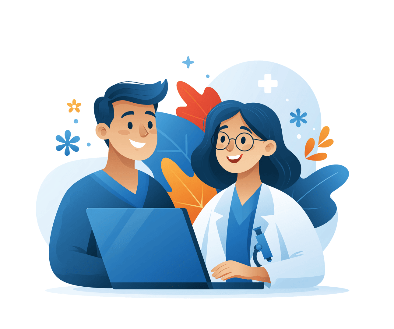 Ein lächelnder Arzt und ein Patient unterhalten sich, während sie auf einen Laptop blicken; um sie herum sind dekorative Blätter und medizinische Symbole in einem fröhlichen, modernen Illustrationsstil zu sehen.