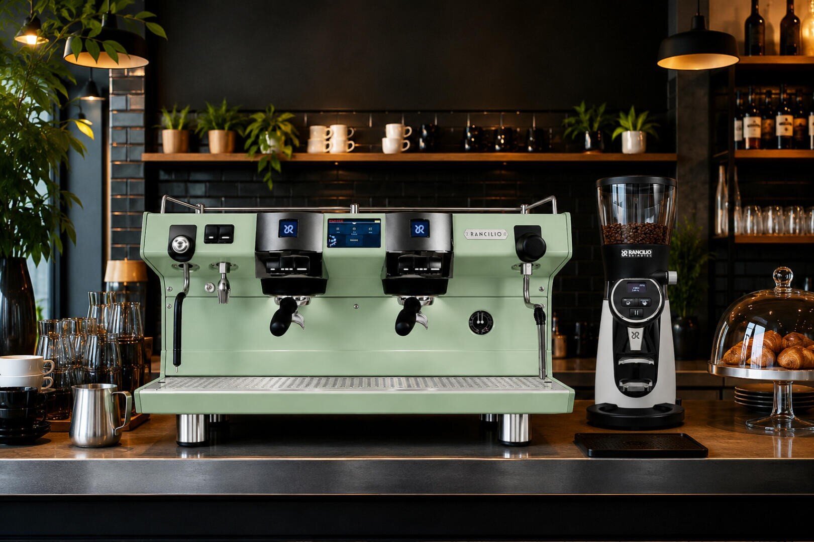 An der Theke eines modernen Cafés stehen eine grüne Espressomaschine, eine Kaffeemühle, Tassen und Gebäck unter einer Glashaube, im Hintergrund sind Regale und Pflanzen zu sehen.