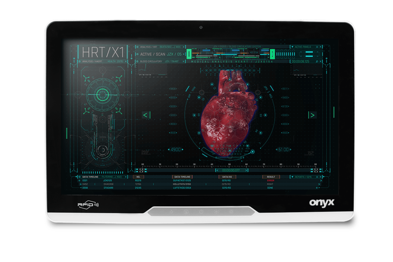 Ein medizinischer Monitor zeigt ein digitales 3D-Bild eines menschlichen Herzens mit verschiedenen technischen Daten und futuristischen Grafiken auf dem Bildschirm an. Das Gerät ist an der Unterseite mit Onyx beschriftet.