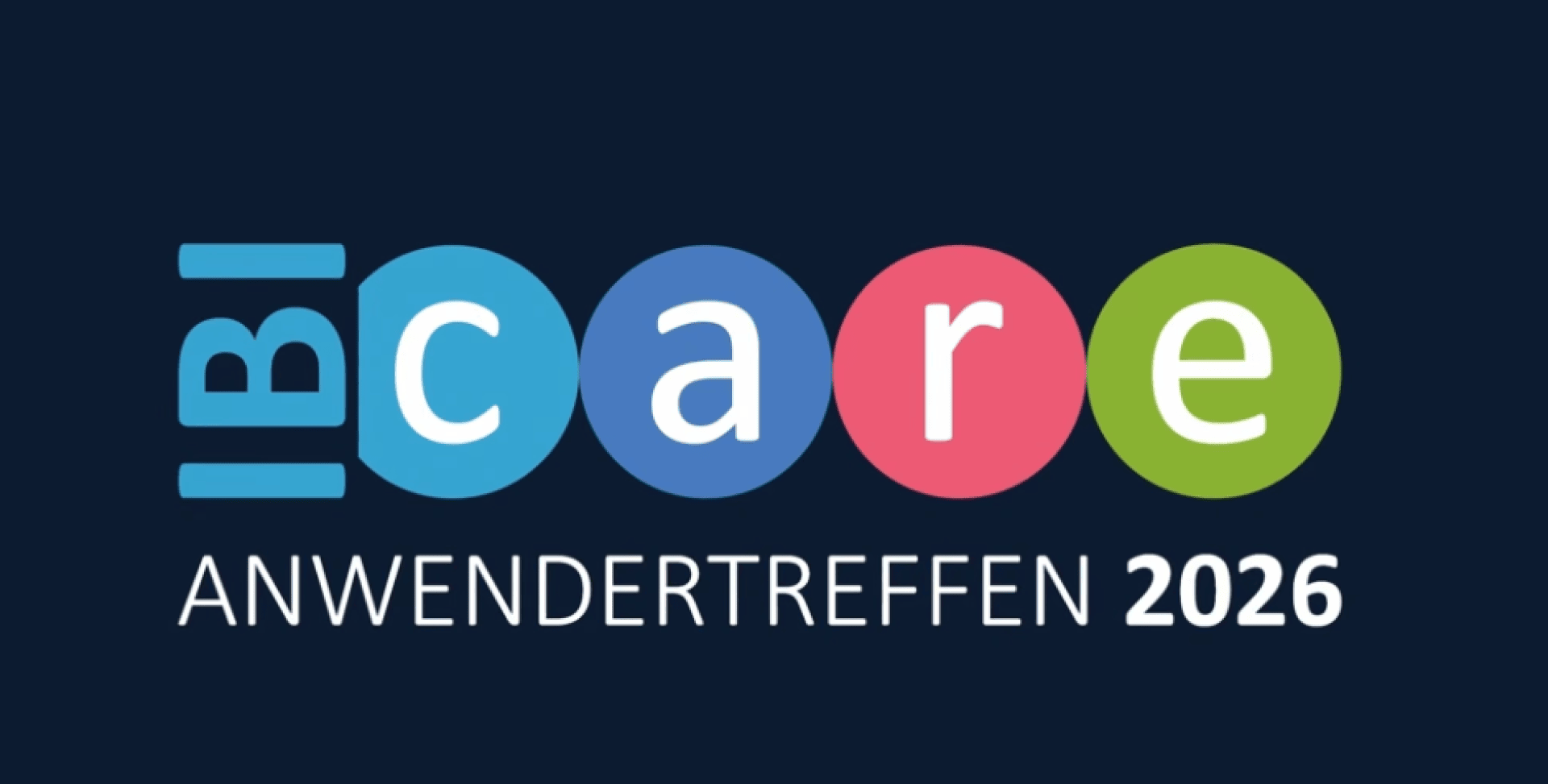 Logo mit dem Wort „icare“ in bunten Kreisen und der Aufschrift „ANWENDER­TREFFEN 2026“ darunter auf dunklem Hintergrund.