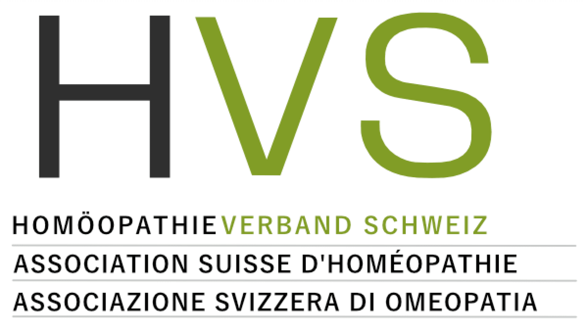 Das Bild zeigt die Buchstaben „HVS“ über dem Namen des Schweizerischen Homöopathie-Verbandes in deutscher, französischer und italienischer Sprache.