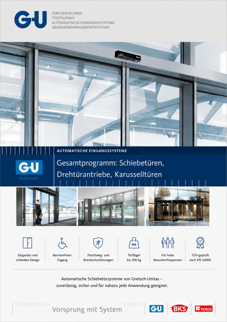 Broschürencover für G-U Automatic mit Schiebe- und Drehtüren, auf dem moderne Glaseingänge, Firmenlogos, Symbole sowie deutscher Text zu sehen sind, der Produktmerkmale wie Design, Benutzerfreundlichkeit, Sicherheit und die Einhaltung von Normen beschreibt.