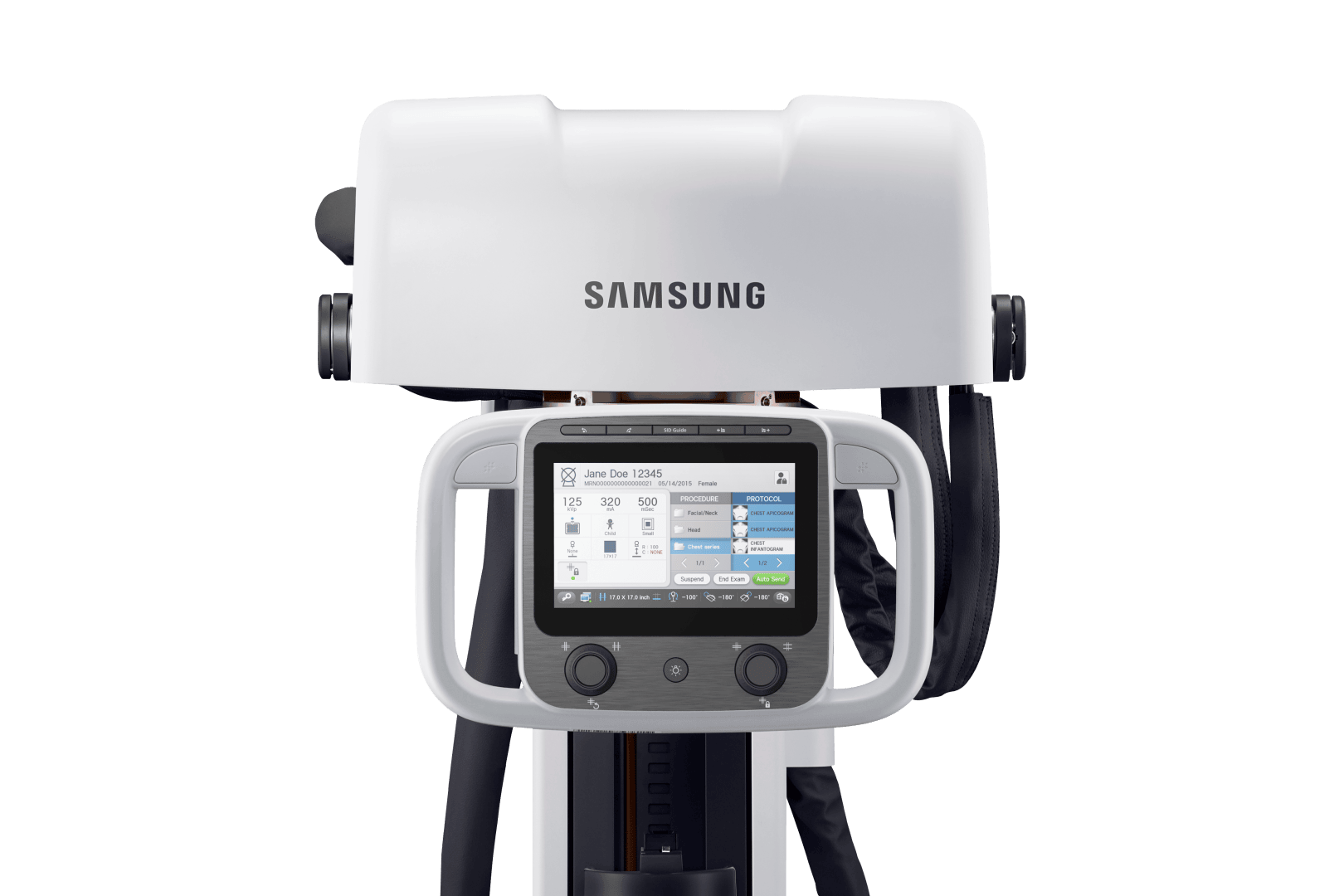 Un appareil médical blanc de la marque Samsung, doté d'un écran tactile affichant les informations relatives au patient, les boutons de commande et les réglages, photographié de face sur un fond uni.