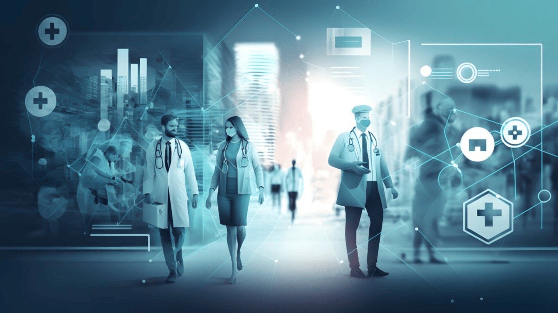 Ärzte in Laborkitteln und mit Gesichtsmasken laufen durch eine hochtechnisierte medizinische Umgebung, umgeben von digitalen Gesundheitssymbolen und Grafiken, die die moderne Gesundheitsversorgung und die Integration fortschrittlicher Technologien symbolisieren.