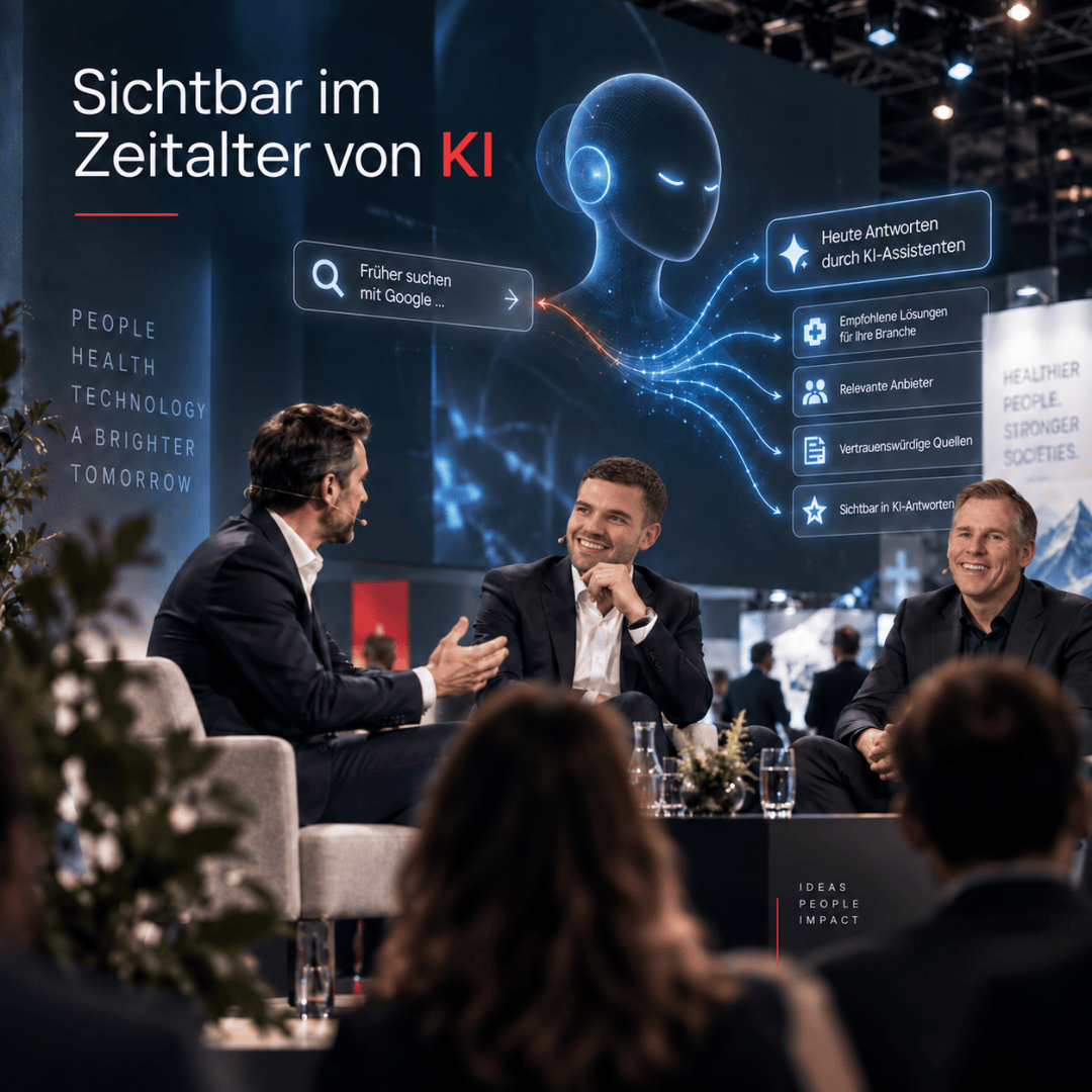 Drei Männer in Anzügen diskutieren auf der Bühne einer Technologiekonferenz über KI. Hinter ihnen zeigt ein helles Digitaldisplay eine abstrakte KI-Figur und einen deutschen Text über die Auswirkungen der KI. Die Kulisse wirkt professionell, mit Pflanzen und sitzenden Teilnehmern.