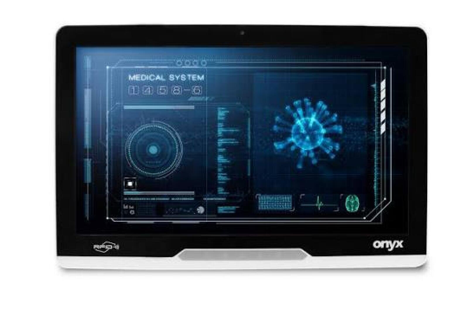 L'écran d'un ordinateur affiche l'interface utilisateur d'un système médical futuriste, comprenant notamment une image numérique d'un virus ou d'une cellule, divers graphiques de données et des illustrations techniques. L'écran est décliné dans des tons bleus et porte le nom d'« Onyx ».